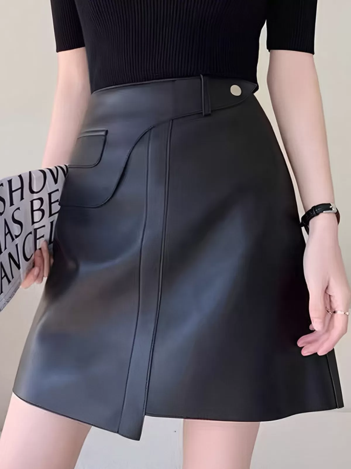 COMMENSE Mid-Waist Asymmetrical Faux Leather Mini Skirt Black Hot