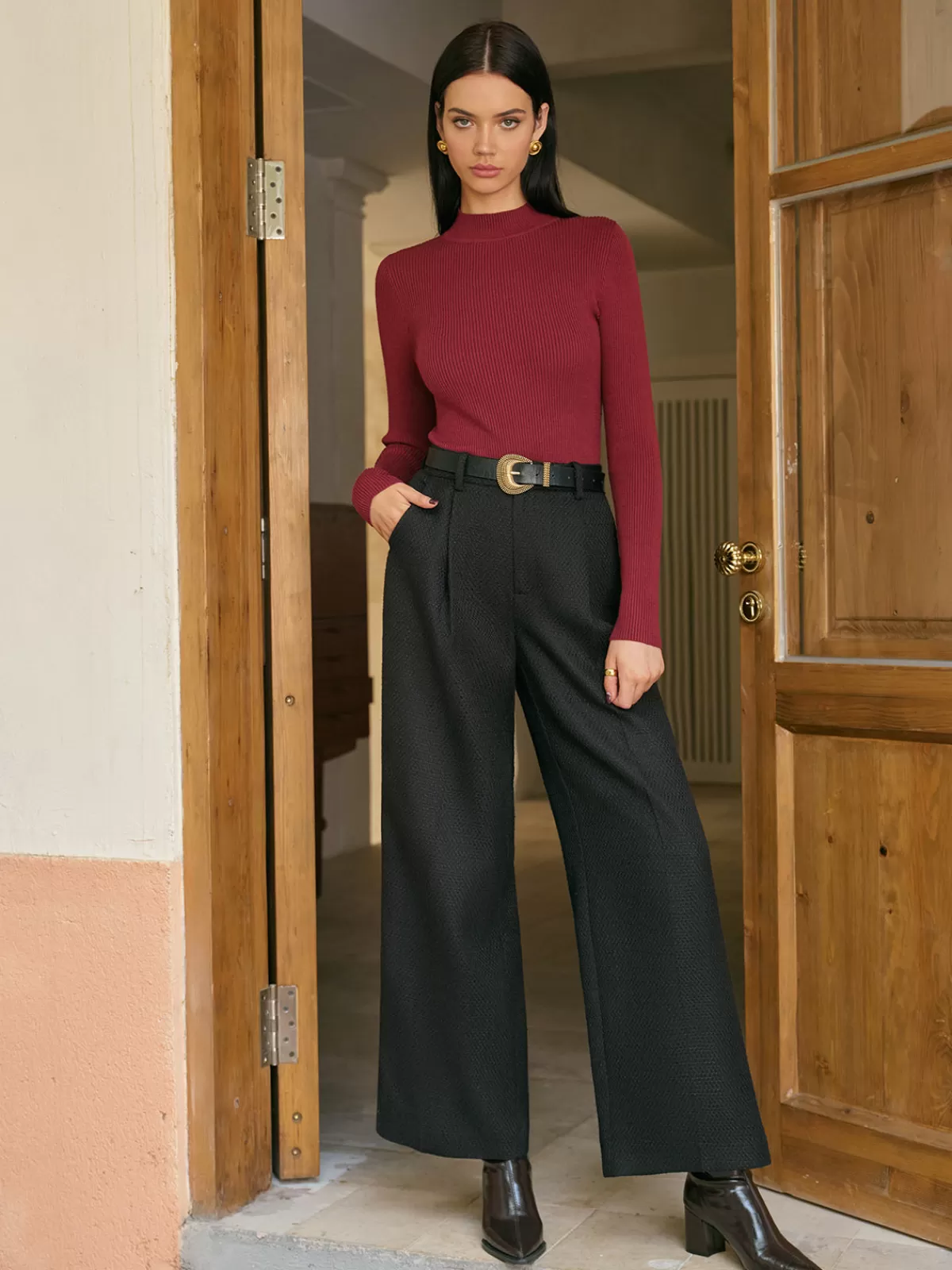 COMMENSE Mid-Waist Tweed Pants Without Belt Black Best