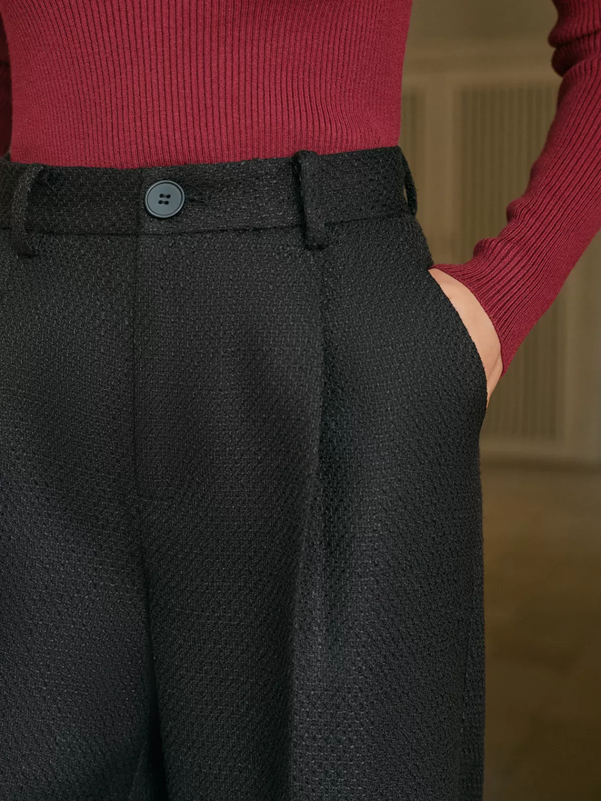 COMMENSE Mid-Waist Tweed Pants Without Belt Black Best