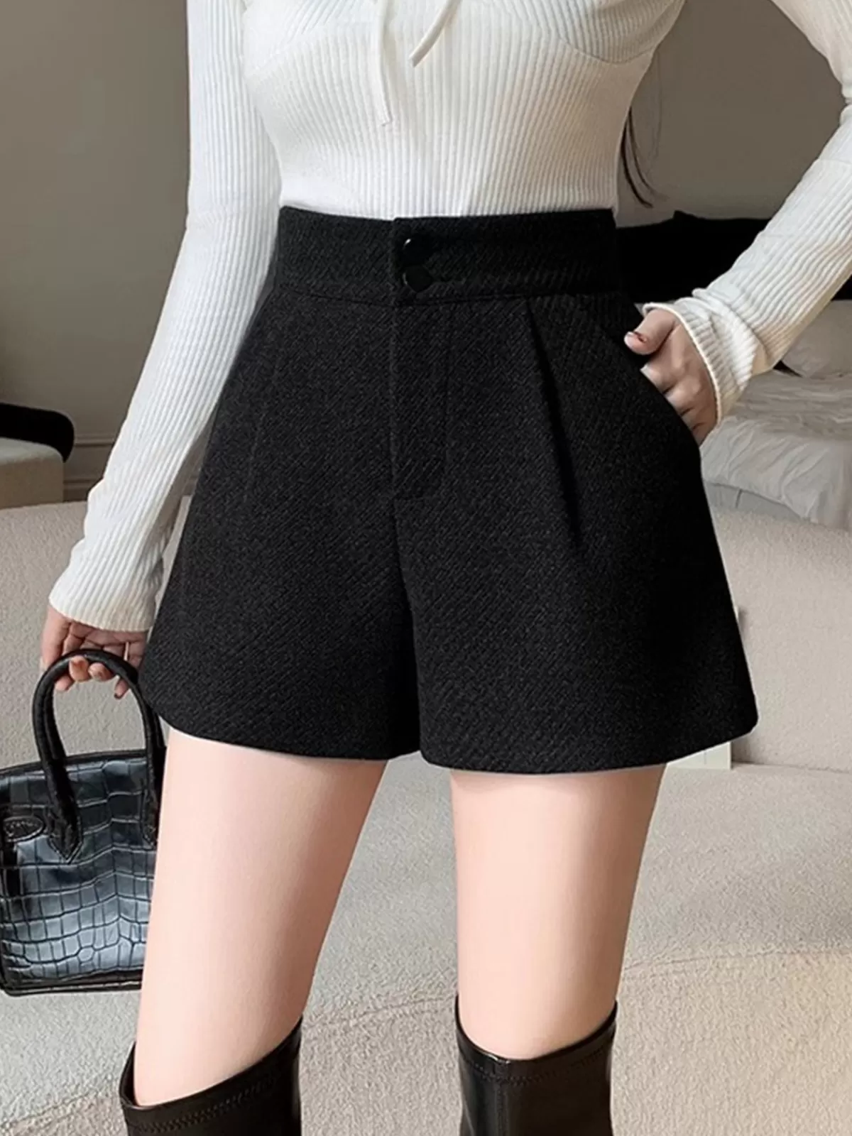 COMMENSE Mid-Waist Tweed Pockets Wide-Leg Shorts Black Cheap
