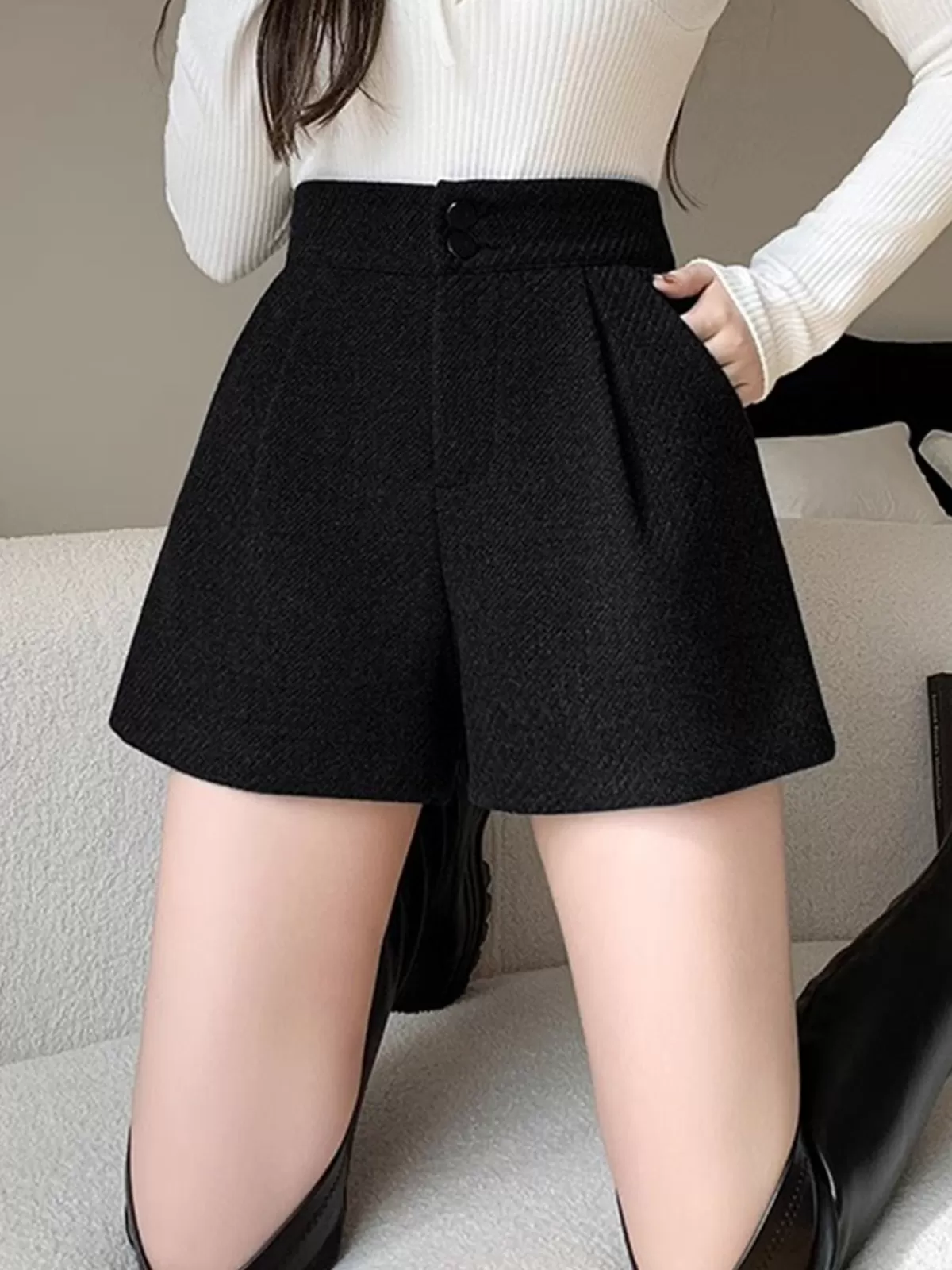 COMMENSE Mid-Waist Tweed Pockets Wide-Leg Shorts Black Cheap