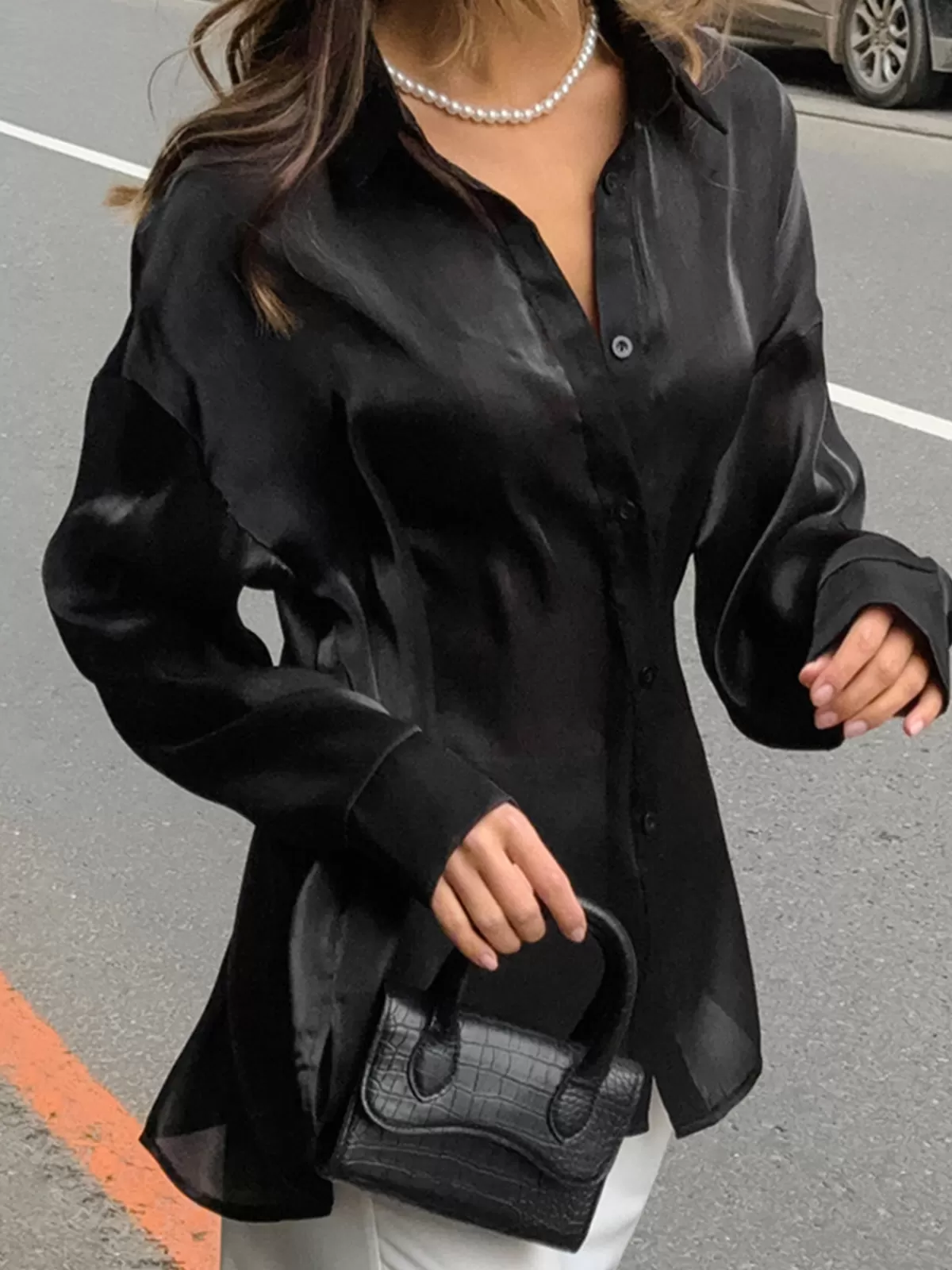 COMMENSE Minimalist Lapel Button Shirt Black Cheap