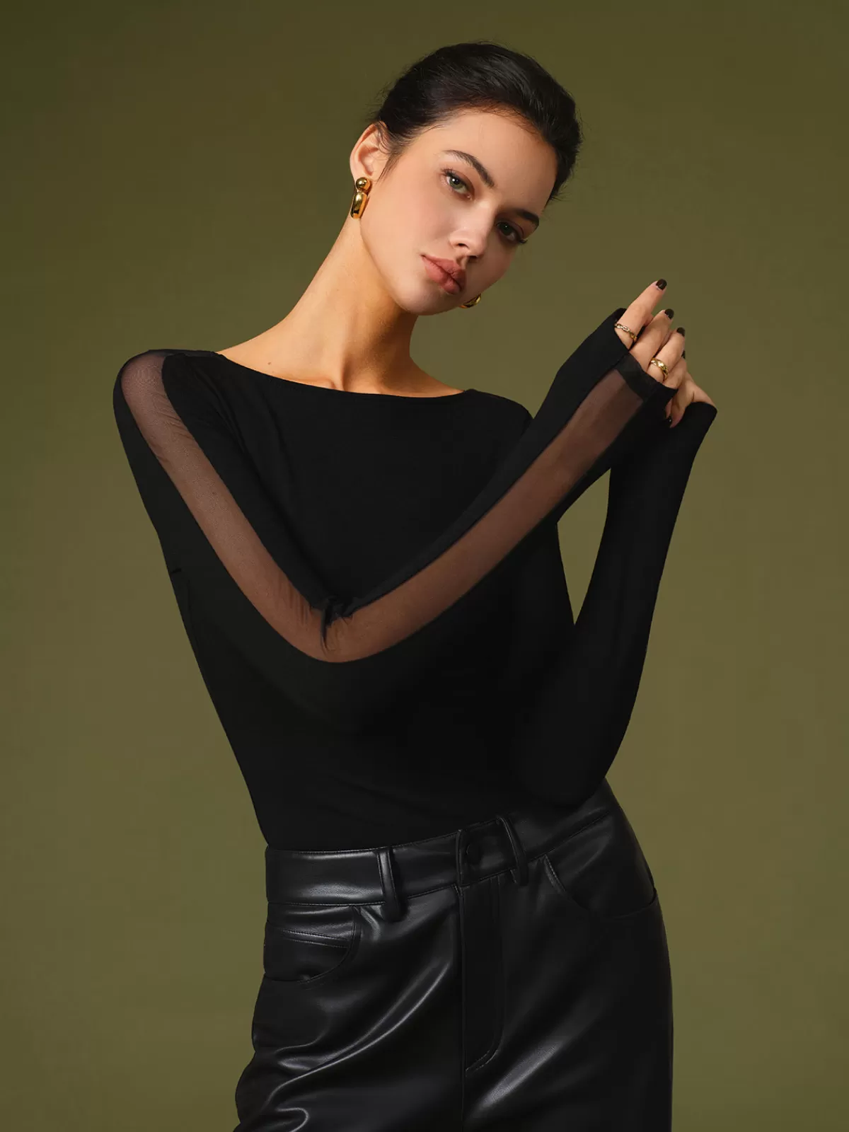 COMMENSE Minimalist Sheer Sleeve Blouse Black Cheap