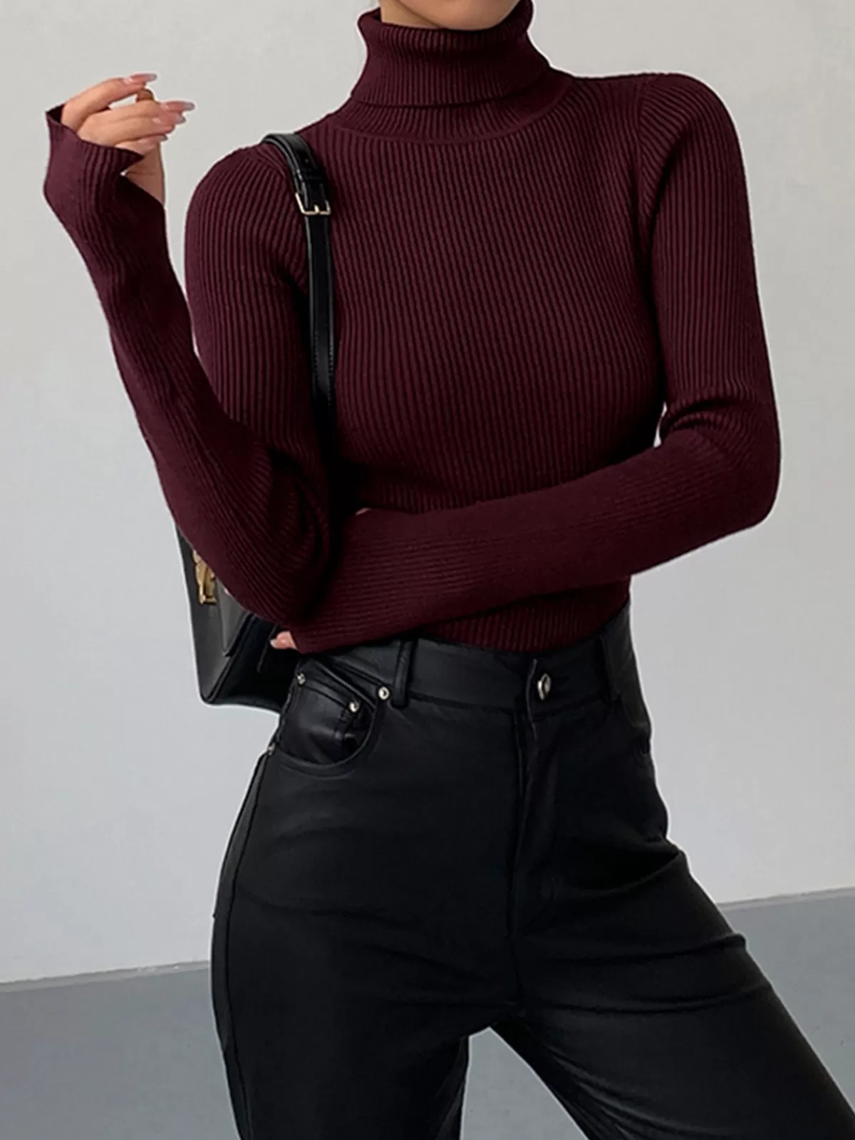 COMMENSE Minimalist Turtleneck Slim Knit Top DarkBrown New