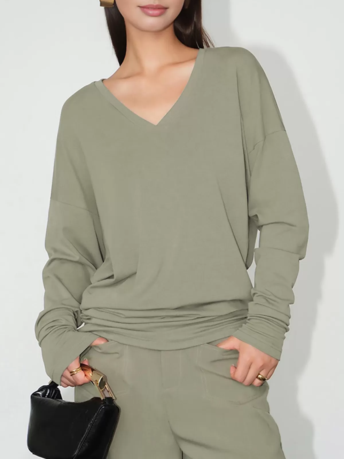 COMMENSE Minimalist V-Neck Draped Top Green Clearance