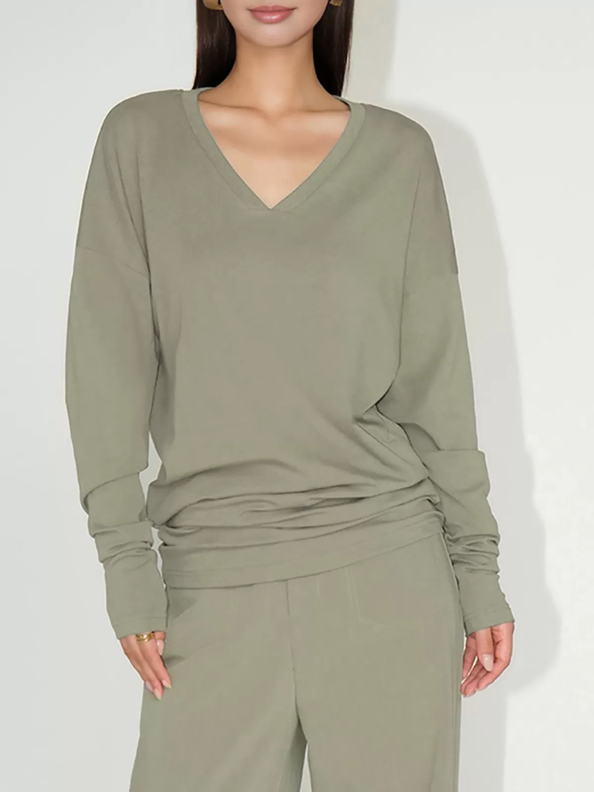 COMMENSE Minimalist V-Neck Draped Top Green Clearance