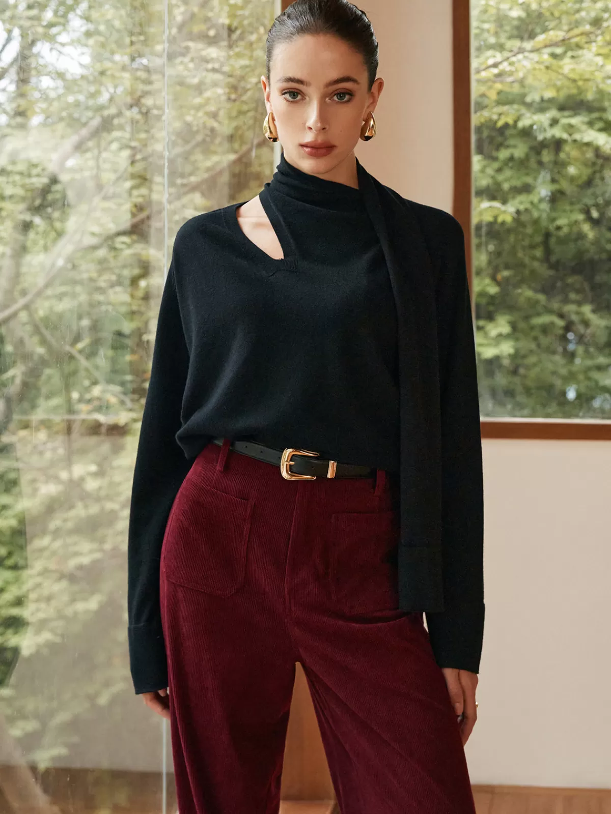 COMMENSE Minimalist Wool-Blend Scarf Sweater Black Sale