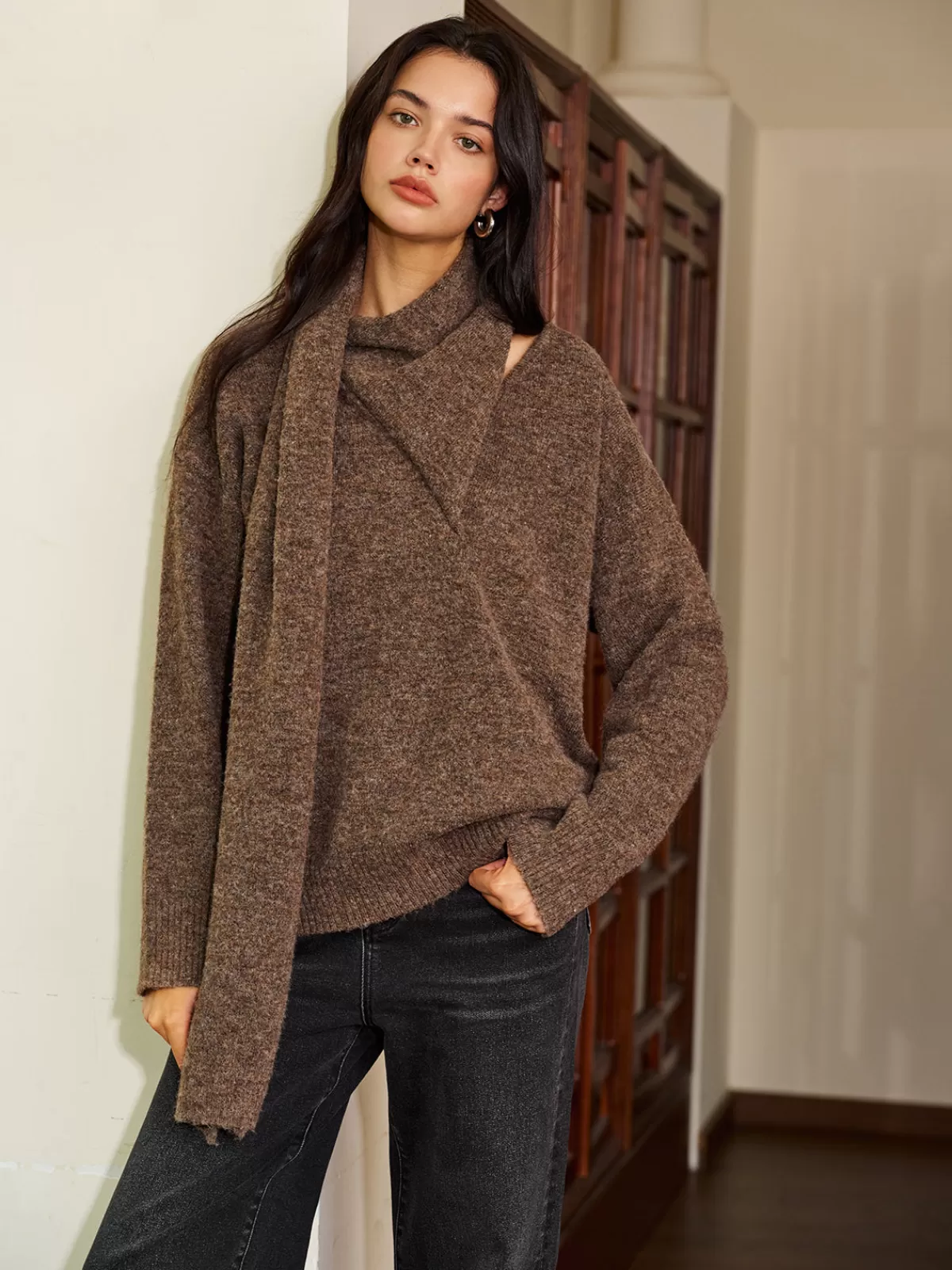COMMENSE Minimalist Wool-Blend Scarf Sweater LightBrown Hot