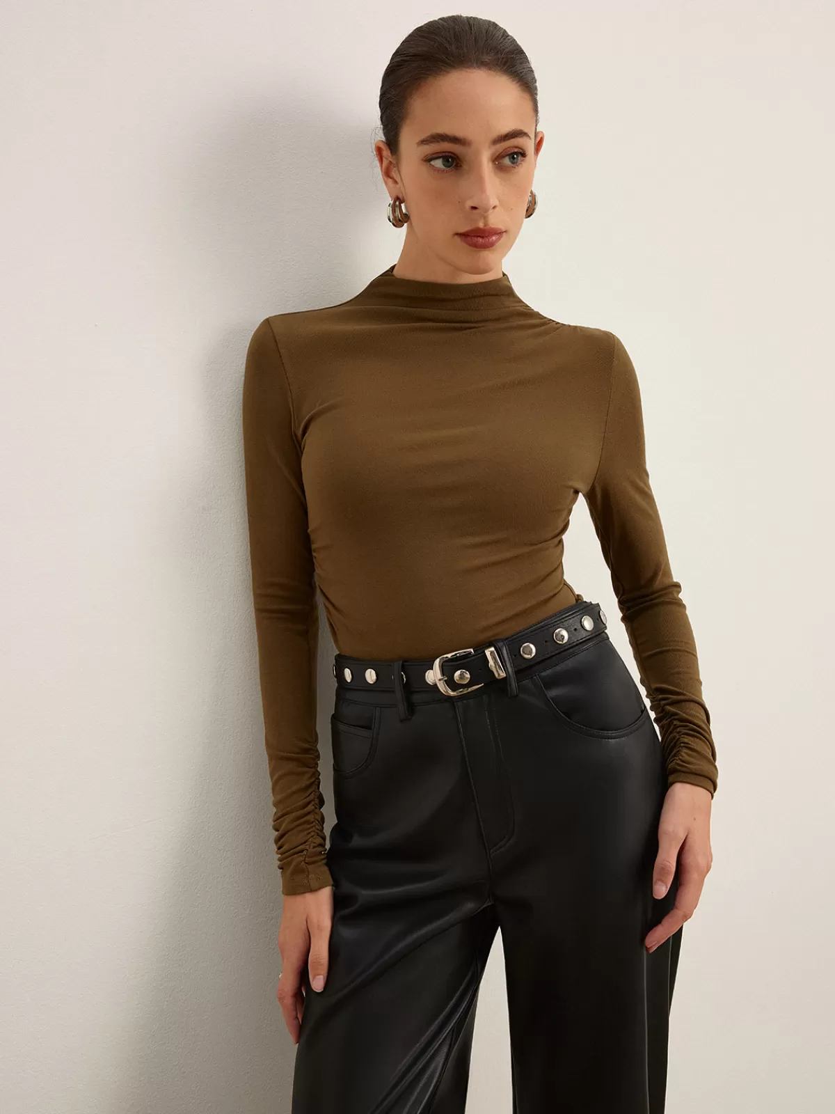 COMMENSE Mock Neck Asymmetical Pleated Top Green Best Sale