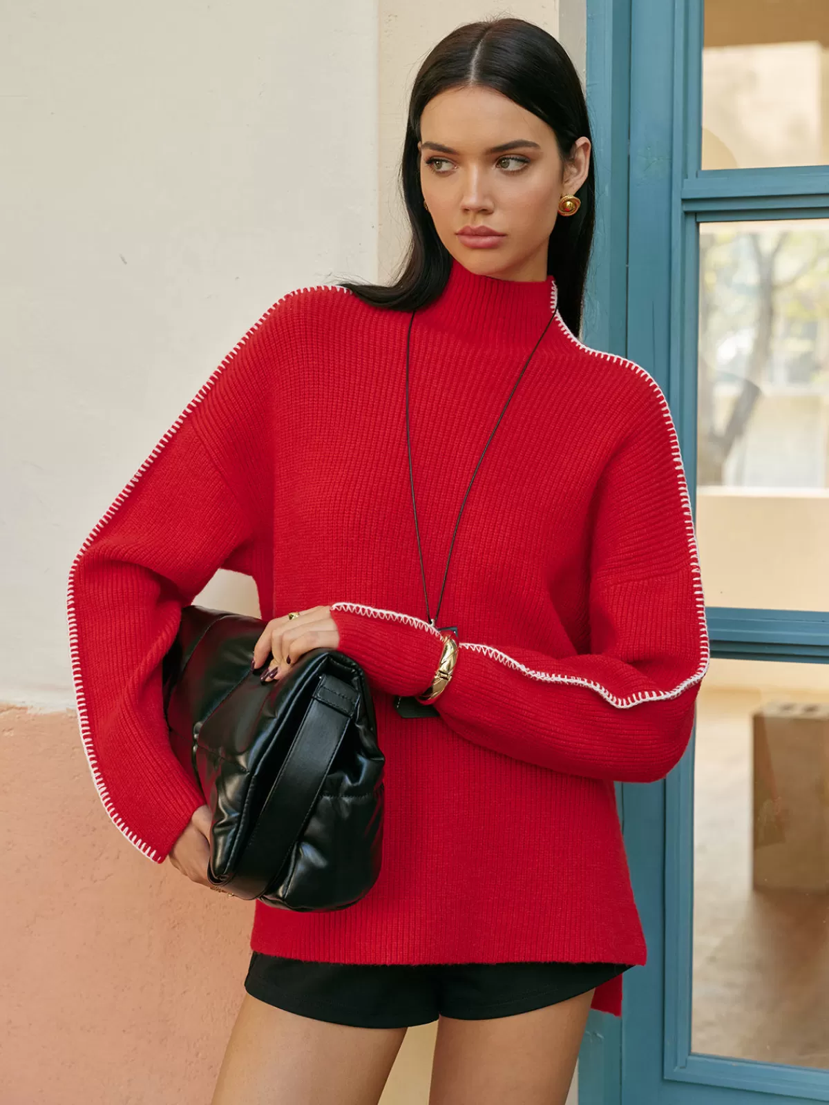 COMMENSE Mock Neck Contrast Binding Split Sweater Red Best Sale