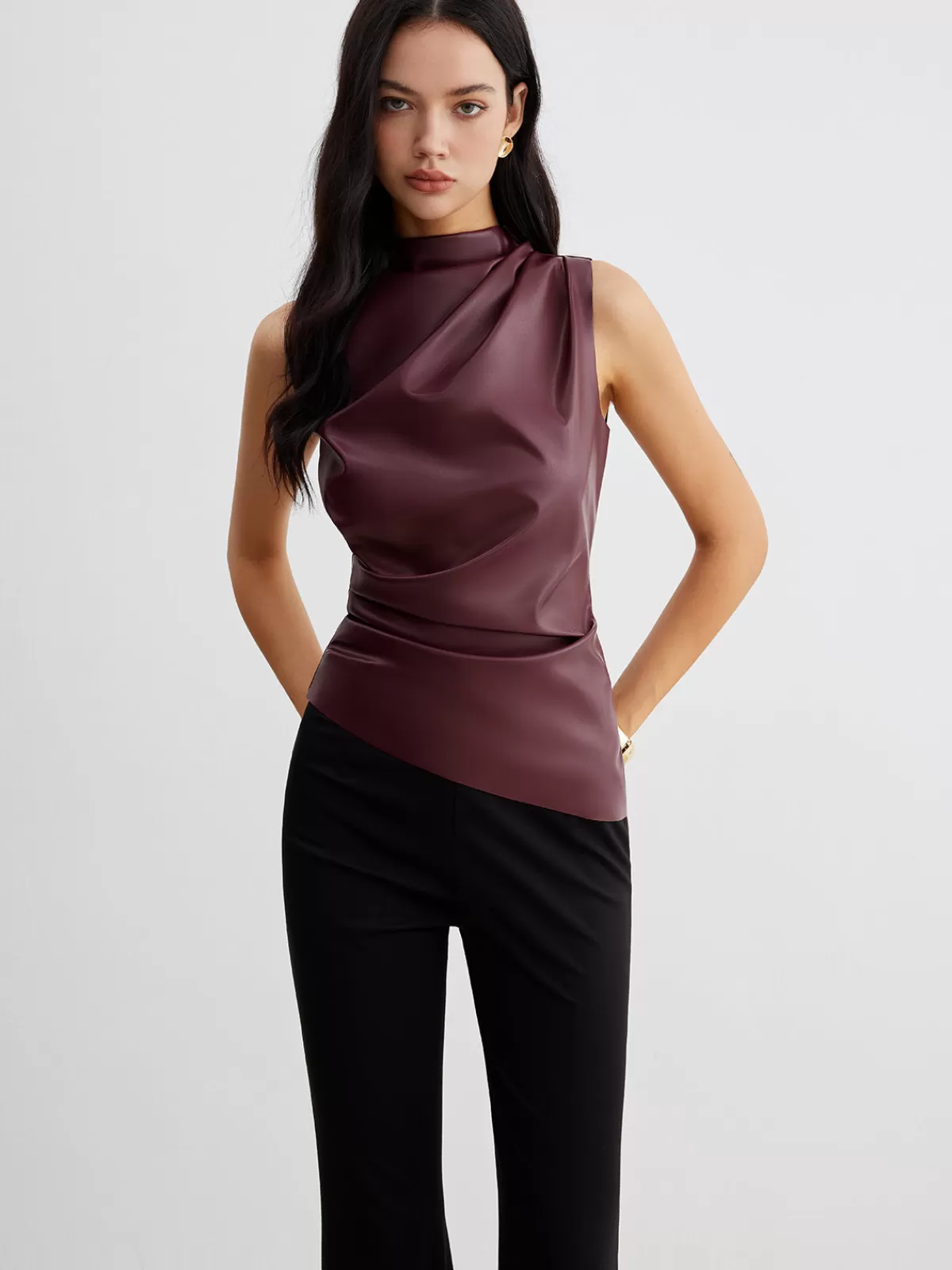 COMMENSE Mock Neck Faux Leather Cinched Tank Top Burgundy Sale