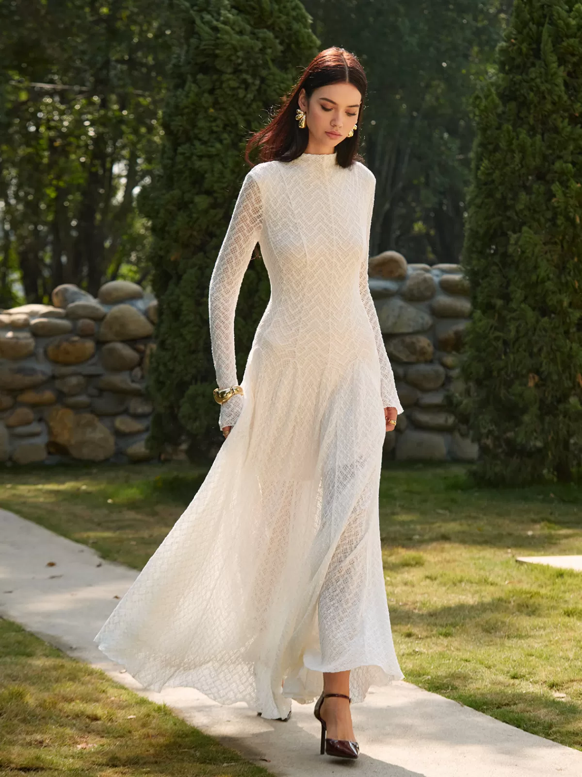 COMMENSE Mock Neck Lace Flowy Long Dress White Best Sale