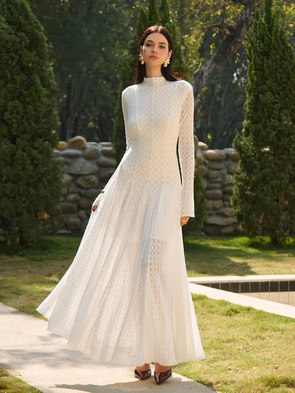 COMMENSE Mock Neck Lace Flowy Long Dress White Best Sale
