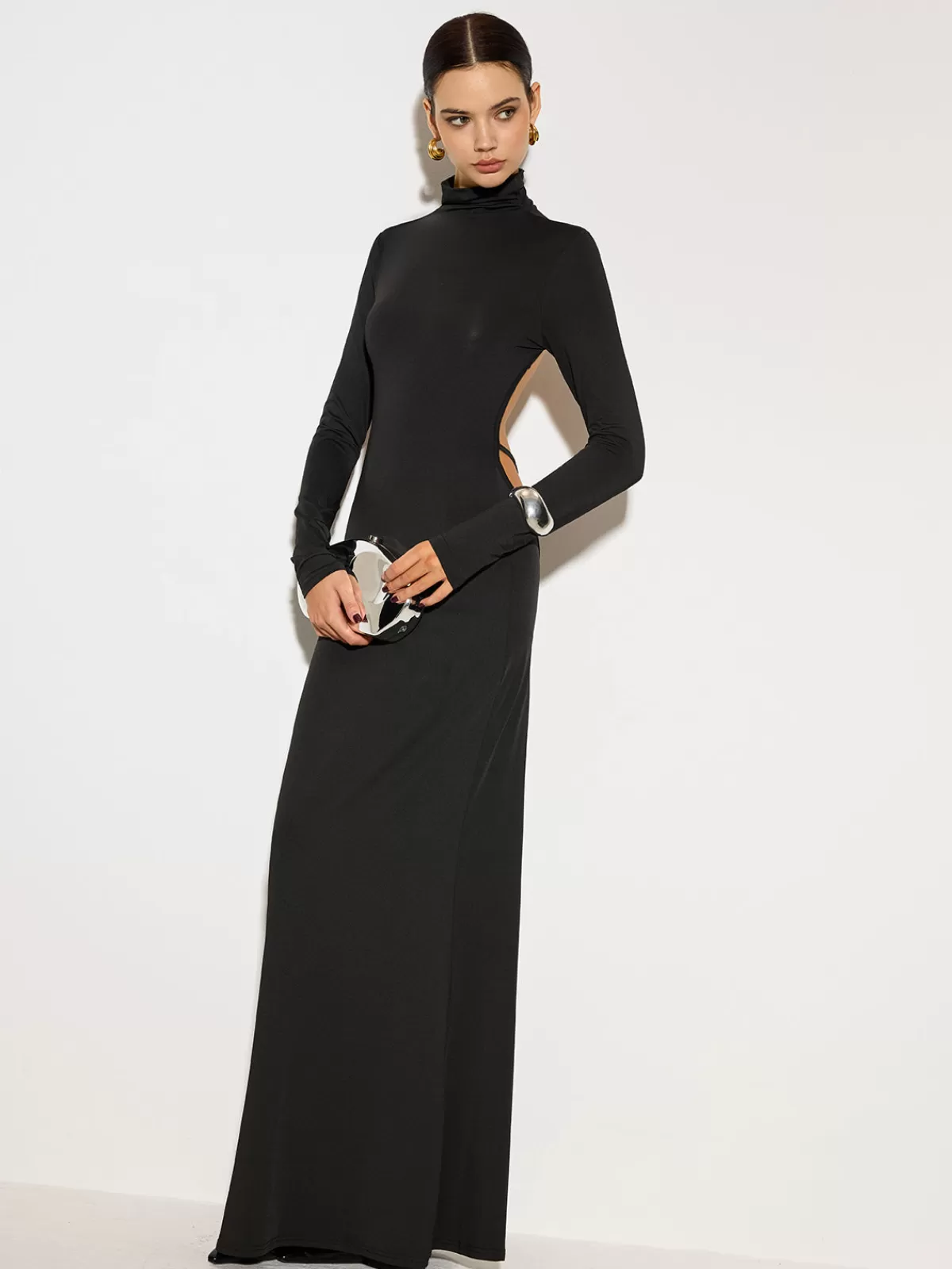 COMMENSE Mock Neck Open Back Long Dress Black New