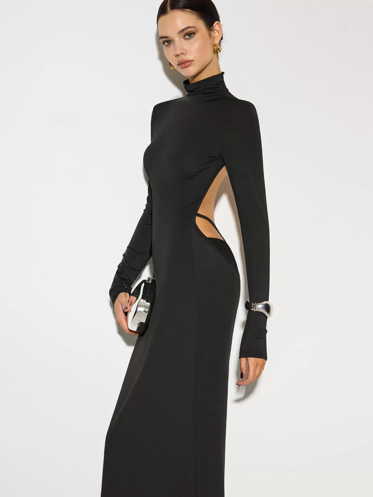 COMMENSE Mock Neck Open Back Long Dress Black New