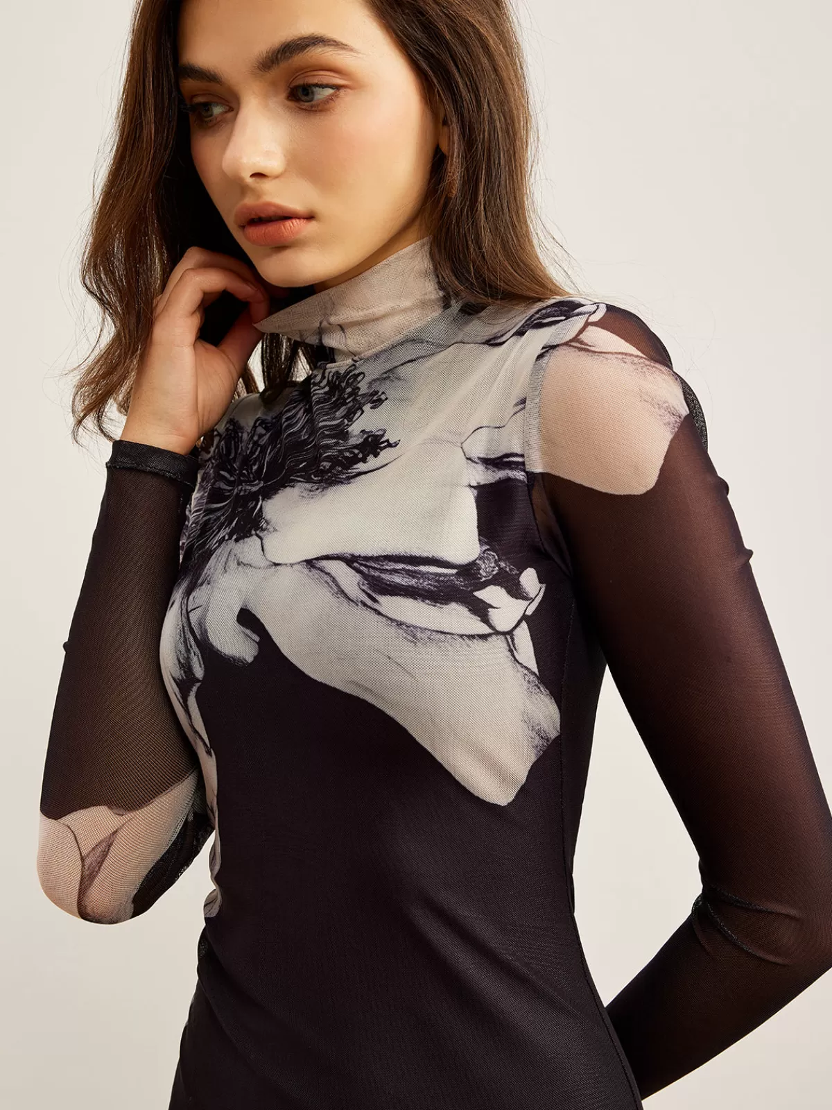 COMMENSE Mock Neck Printed Mesh Dress Black Clearance