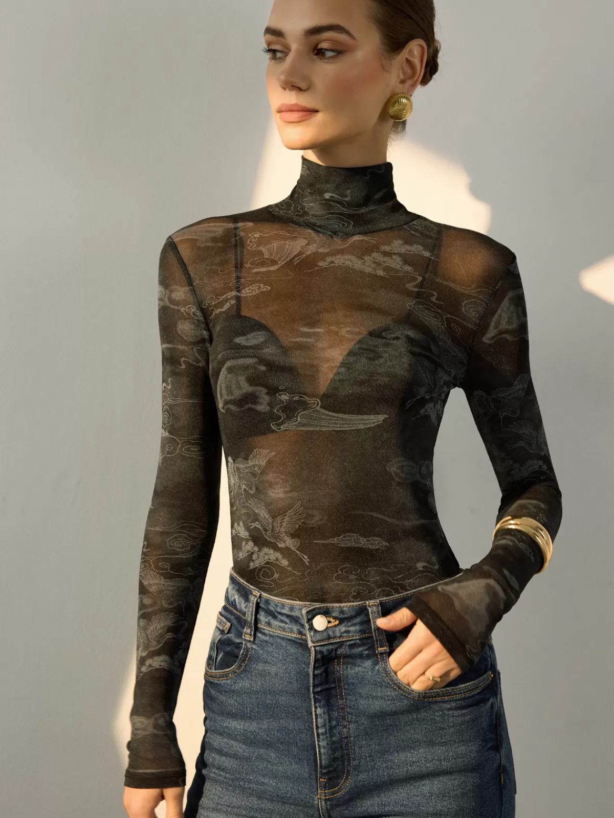 COMMENSE Mock Neck Printed Semi-Sheer Blouse Grey Store
