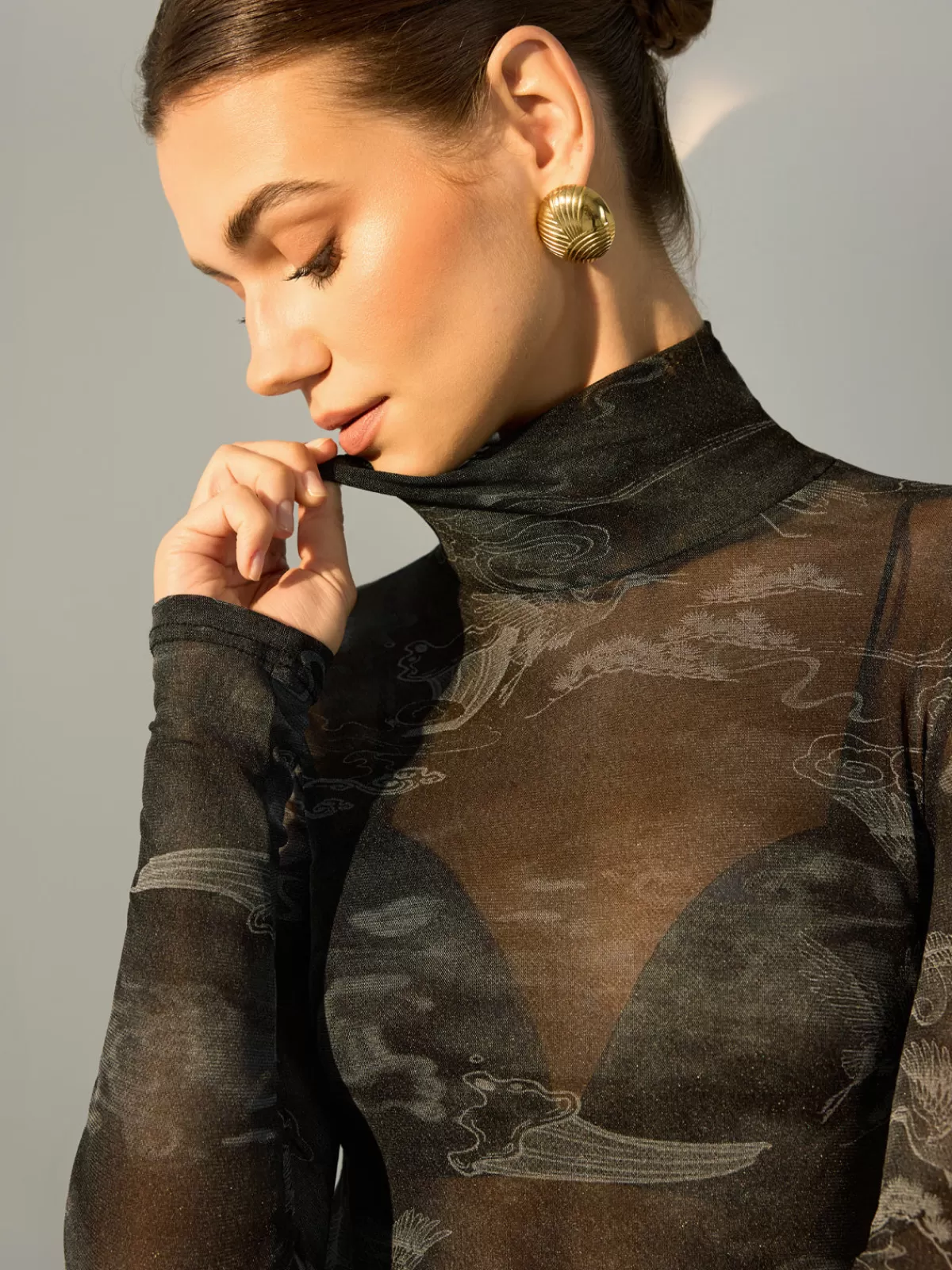 COMMENSE Mock Neck Printed Semi-Sheer Blouse Grey Store