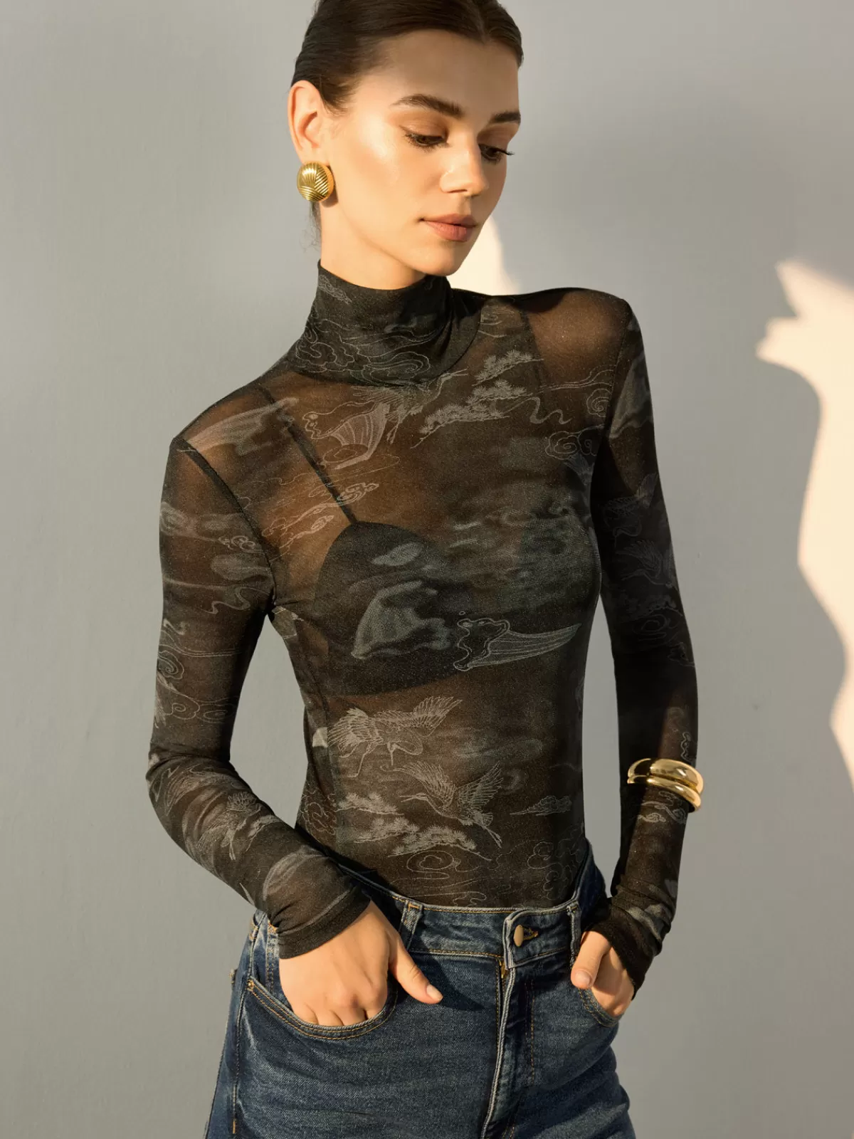 COMMENSE Mock Neck Printed Semi-Sheer Blouse Grey Best Sale