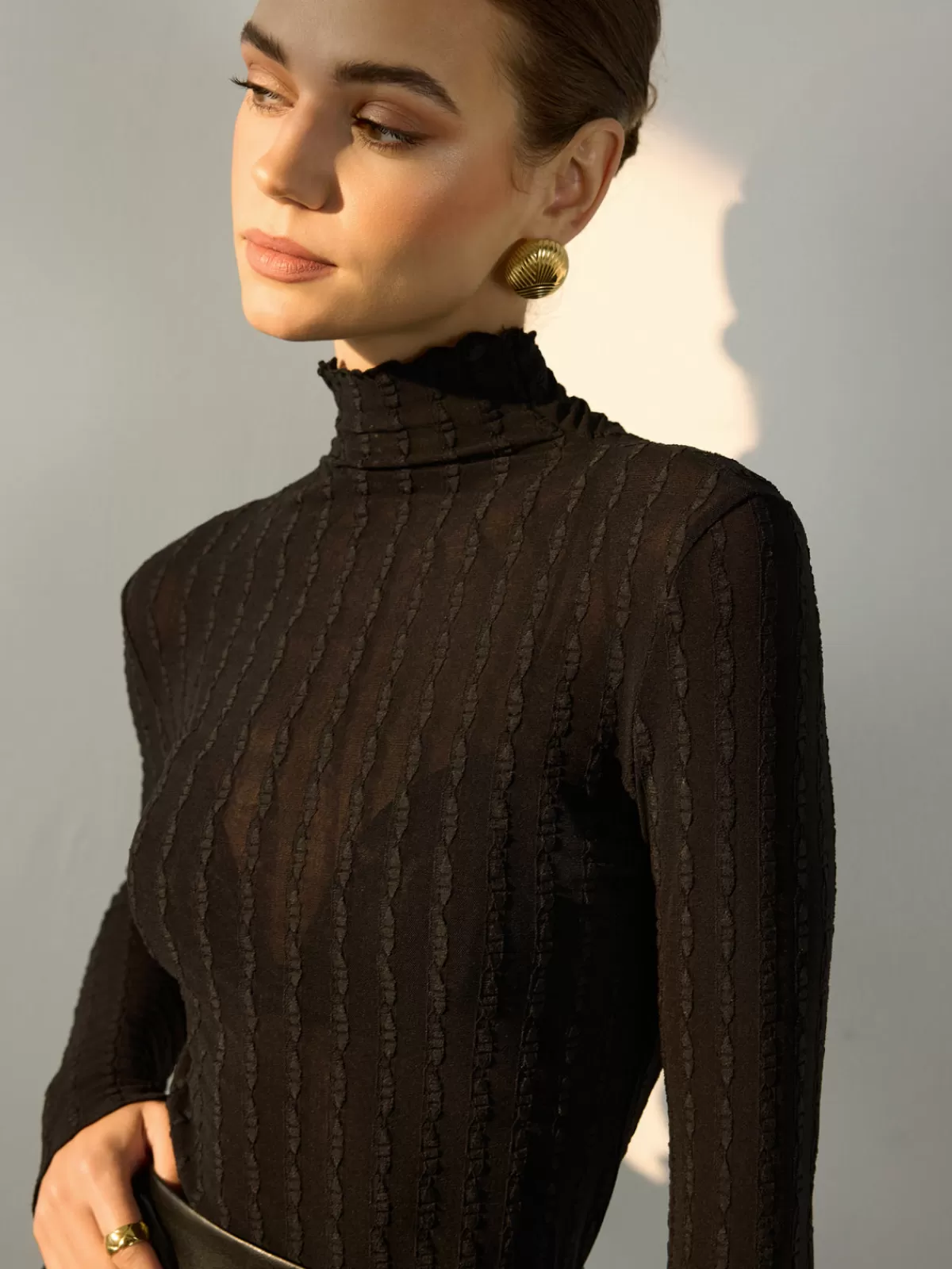 COMMENSE Mock Neck Semi-Sheer Slim Blouse Black Discount
