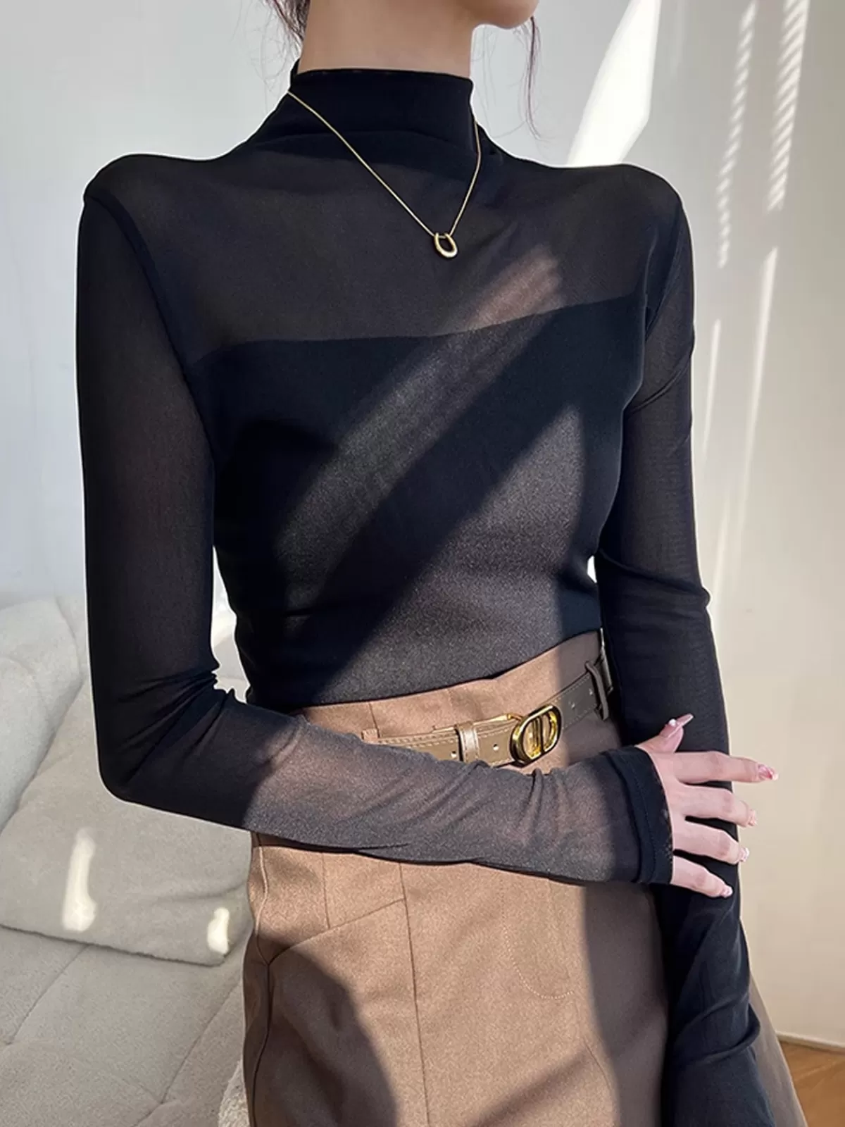COMMENSE Mock Neck Sheer Mesh Panel Blouse Black Clearance