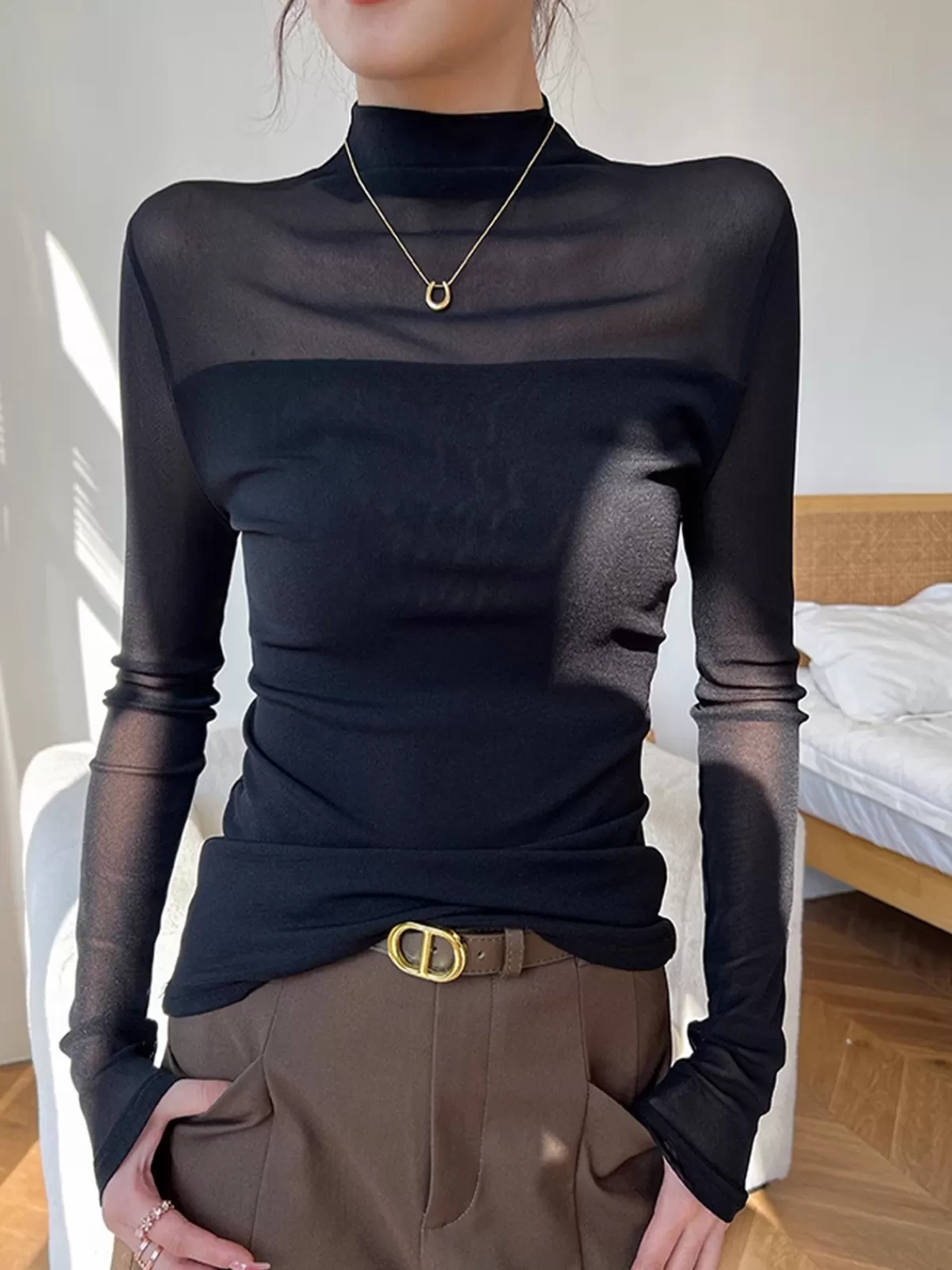 COMMENSE Mock Neck Sheer Mesh Panel Blouse Black Clearance