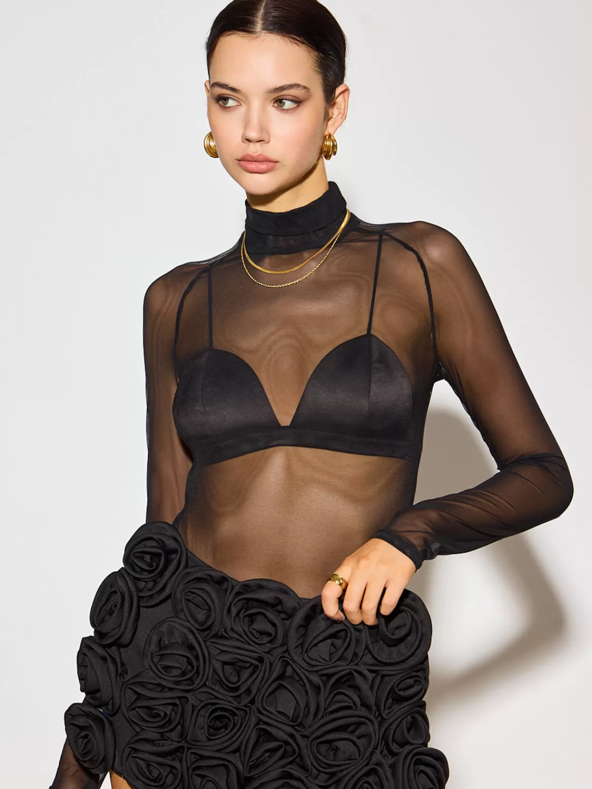 COMMENSE Mock Neck Sheer Mesh T-Shirt Black New