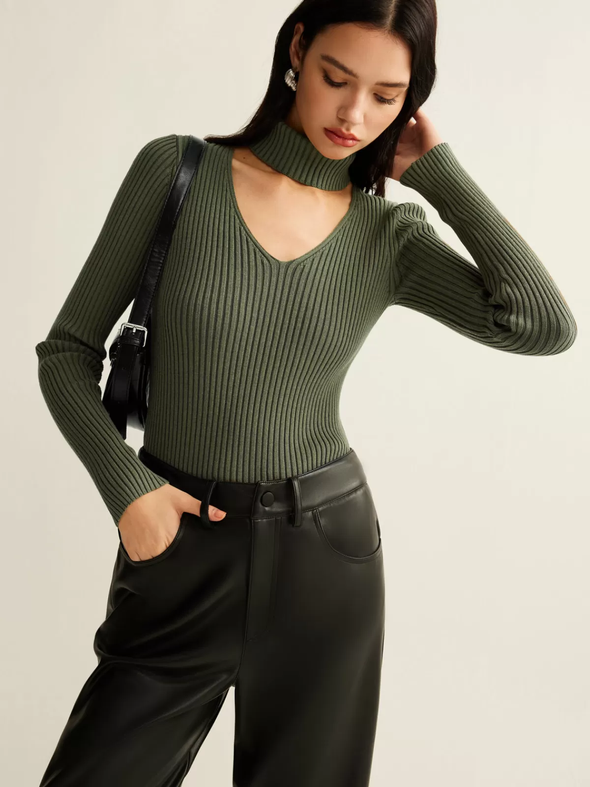 COMMENSE Mock Neck Skinny Knit Top Green New