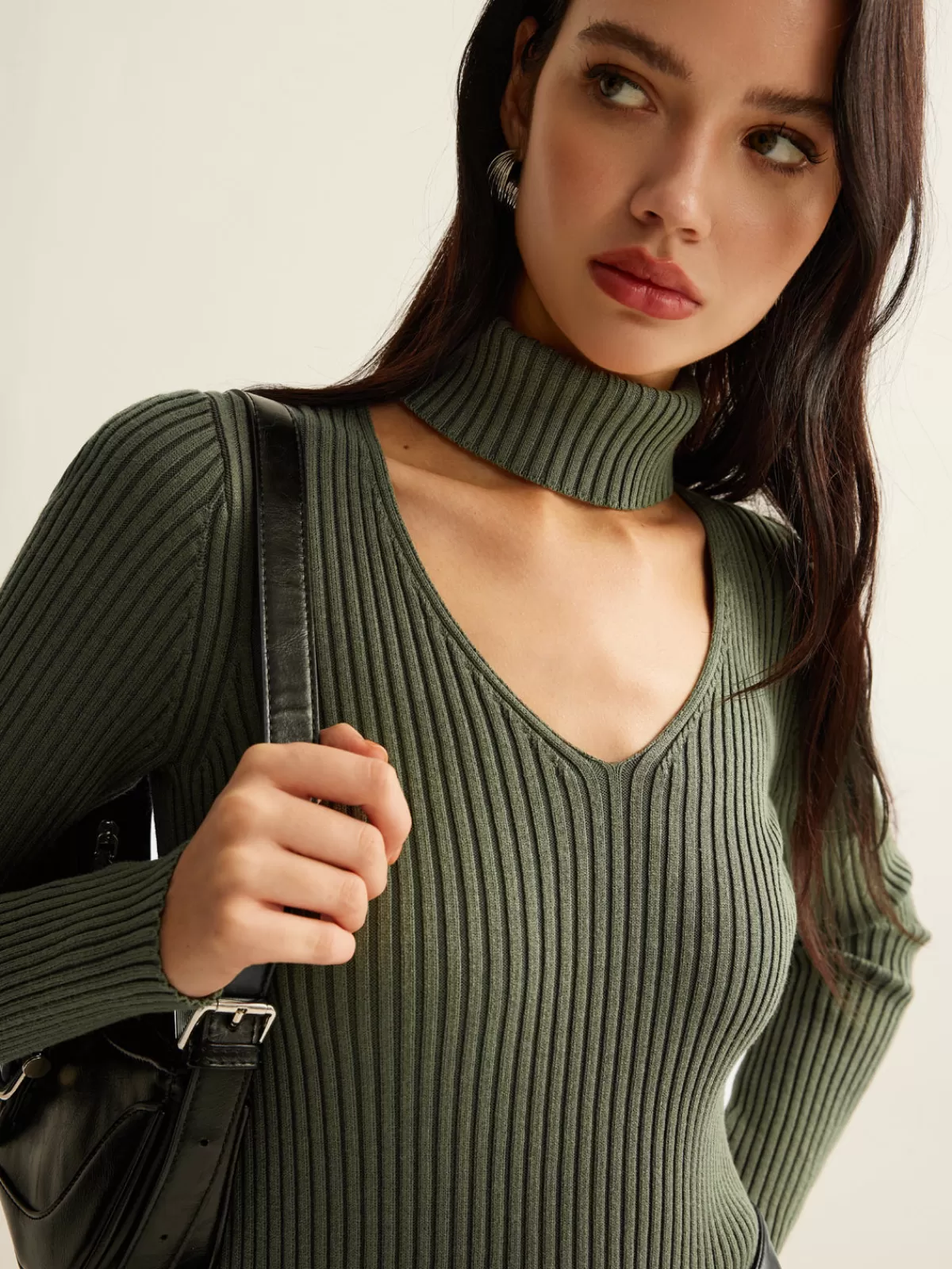 COMMENSE Mock Neck Skinny Knit Top Green New