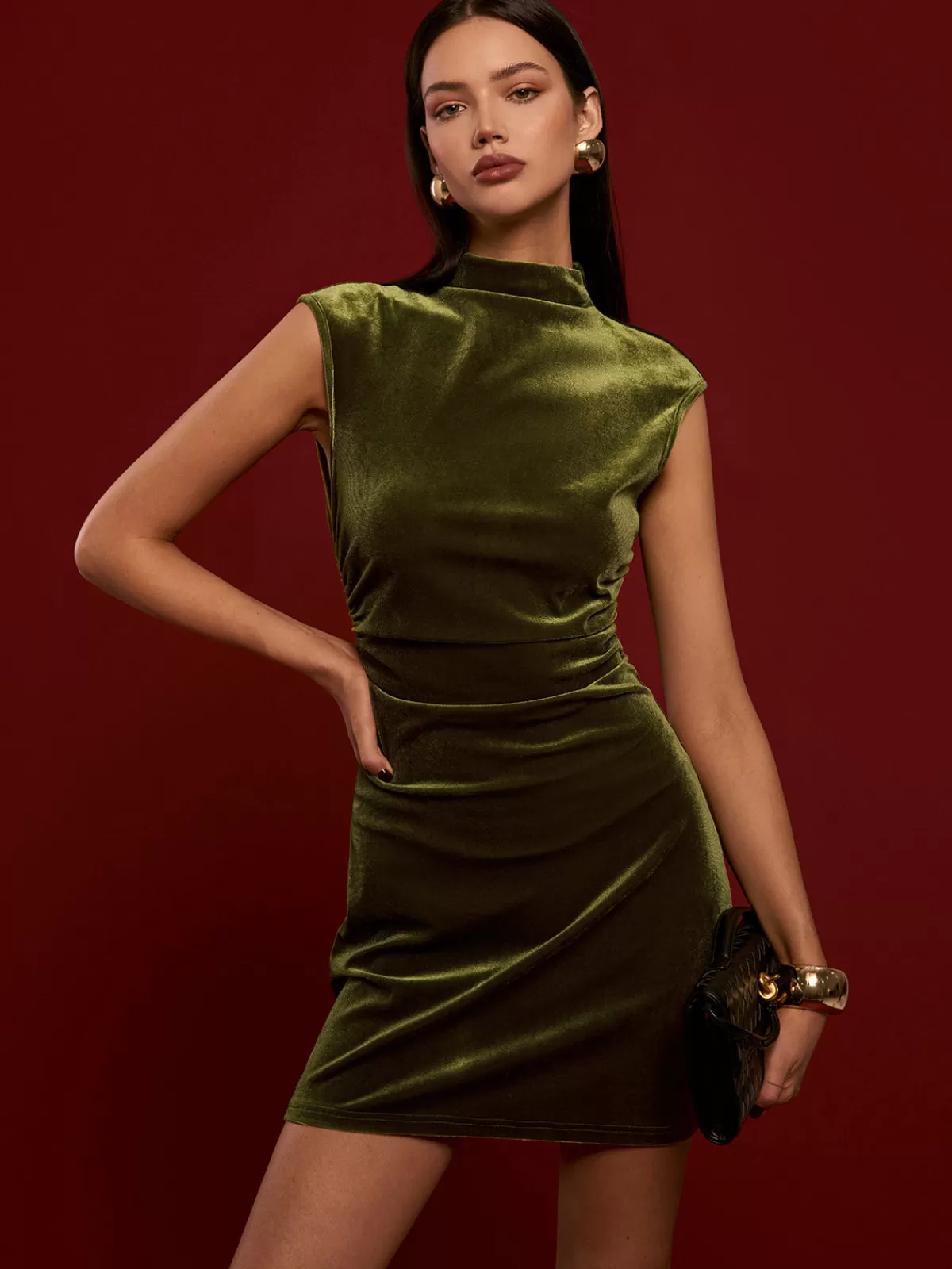 COMMENSE Mock Neck Sleeveless Satin Dress Green Fashion