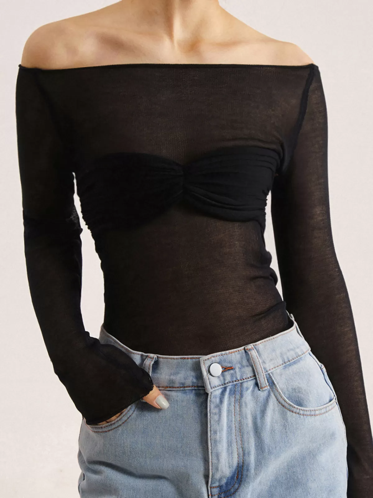 COMMENSE Nostalgia Off-Shoulder Mesh Long Sleeve Shirt Black Outlet