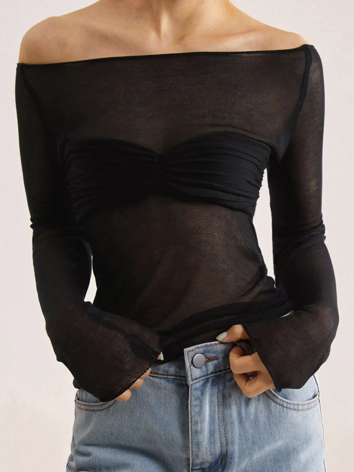 COMMENSE Nostalgia Off-Shoulder Mesh Long Sleeve Shirt Black Outlet