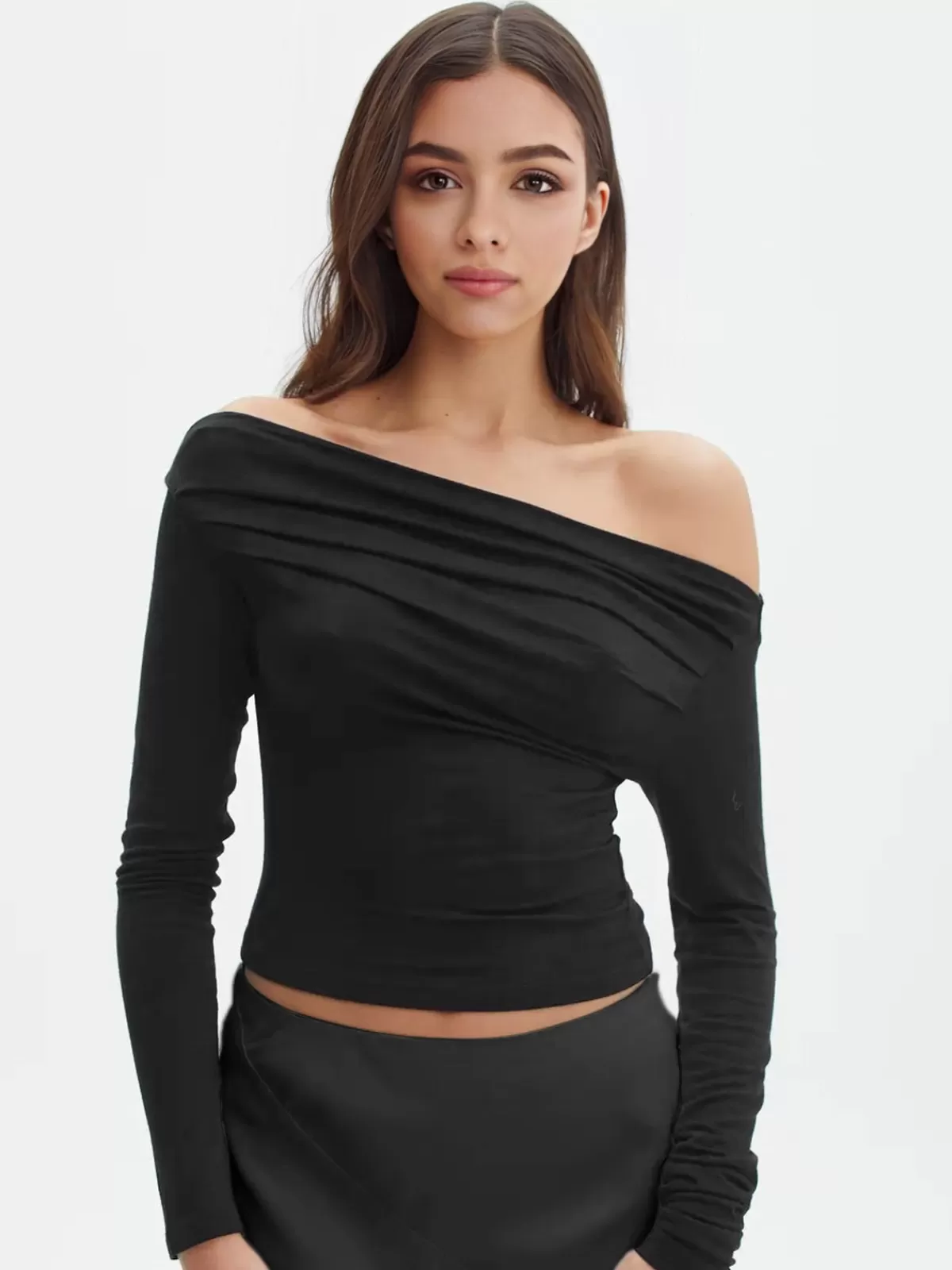 COMMENSE Oblique Off-Shoulder Long Sleeve Blouse Black Cheap