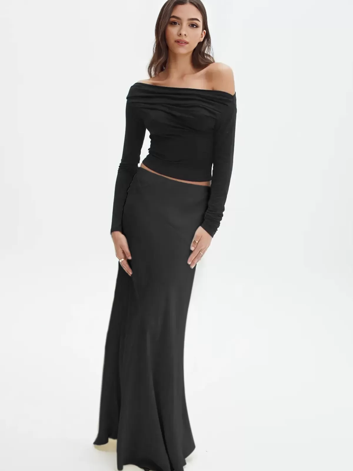 COMMENSE Oblique Off-Shoulder Long Sleeve Blouse Black Cheap
