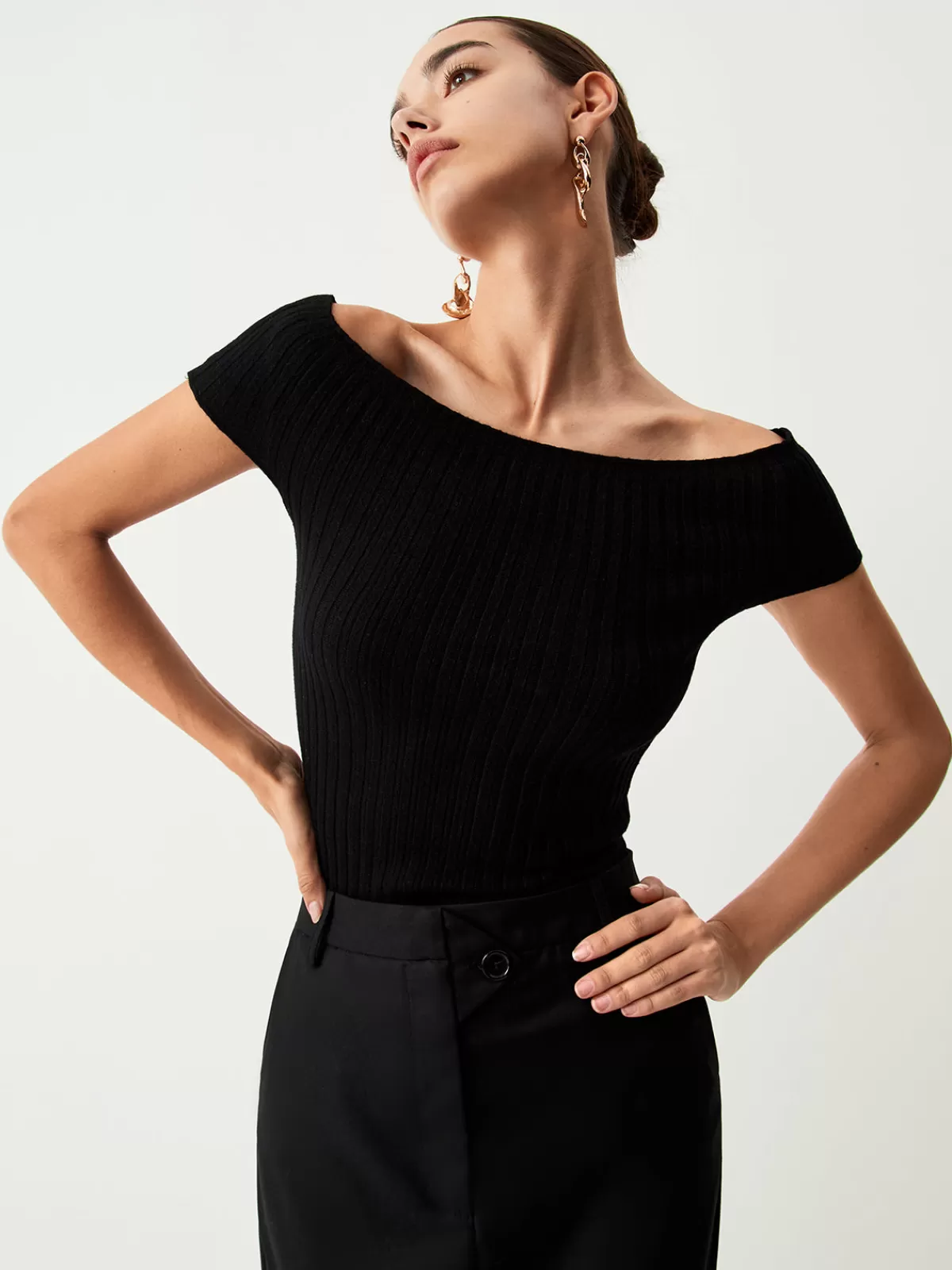 COMMENSE Off Shoulder Knit Top Black Shop