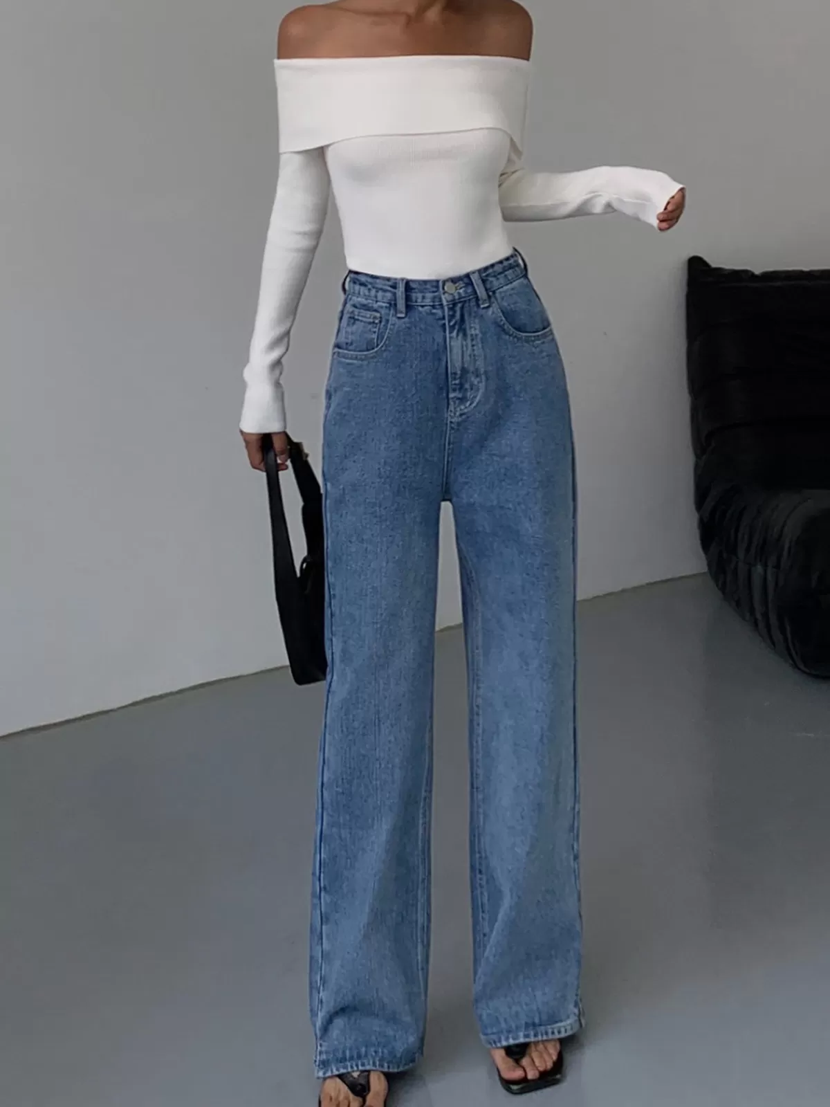 COMMENSE Off Shoulder Overfold Long Sleeve Knit Top White New