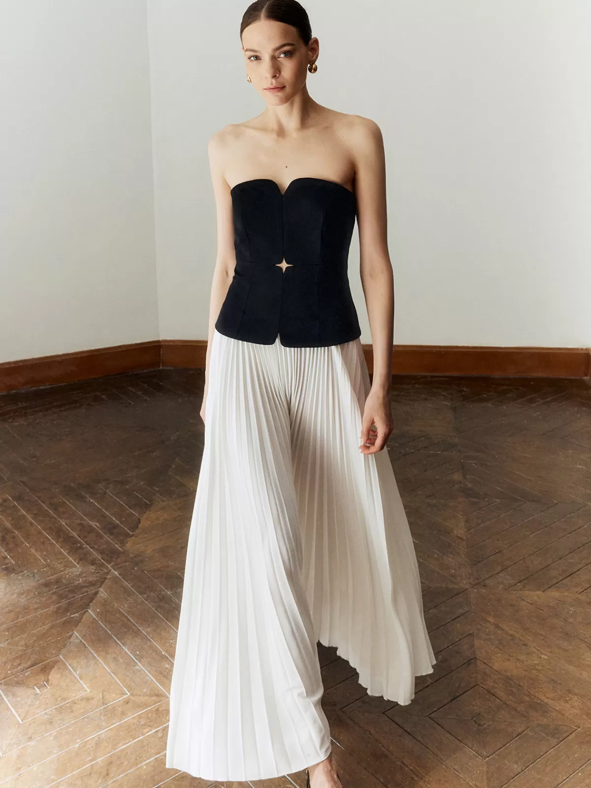 COMMENSE Off Shoulder Pleated Long Dress BlackandWhite Outlet