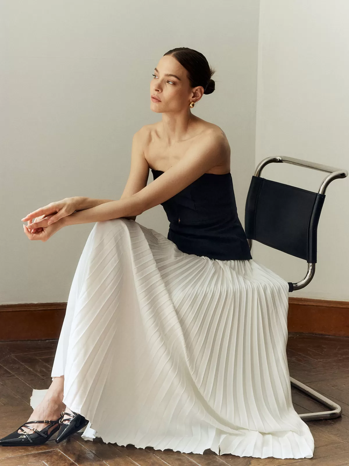 COMMENSE Off Shoulder Pleated Long Dress BlackandWhite Outlet