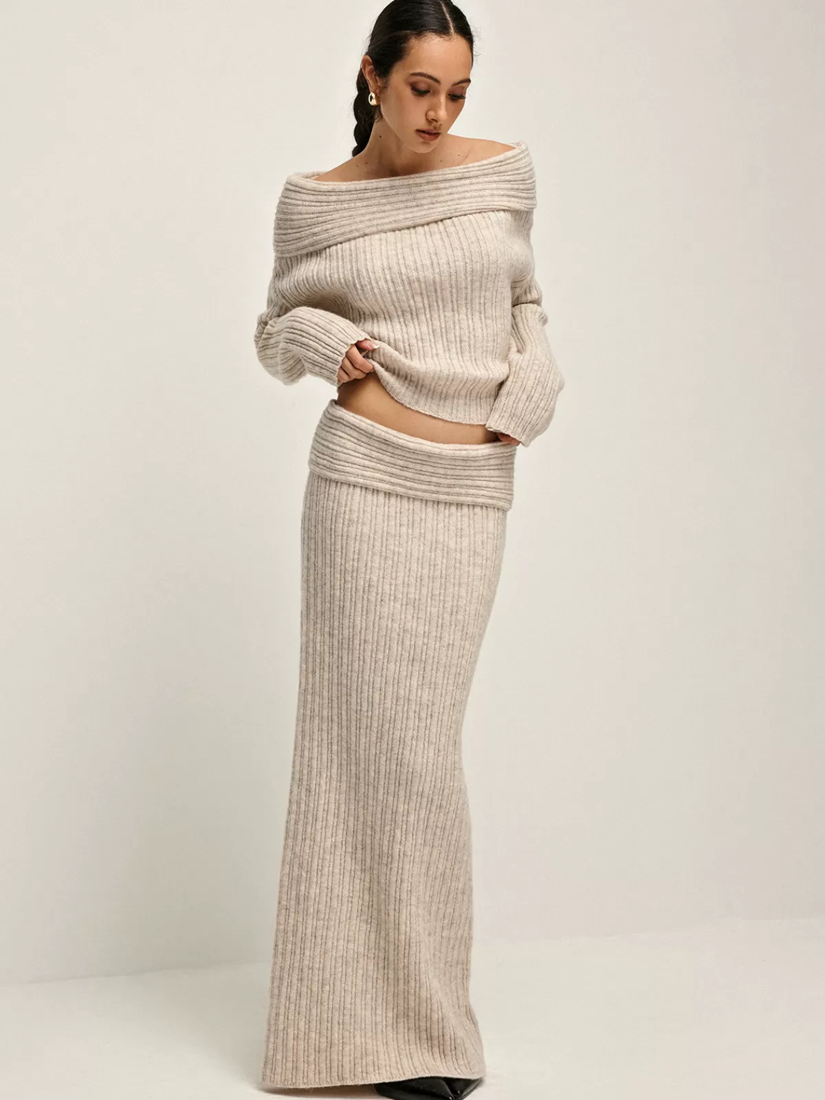 COMMENSE Off Shoulder Warm Sweater Co-ords Apricot Flash Sale