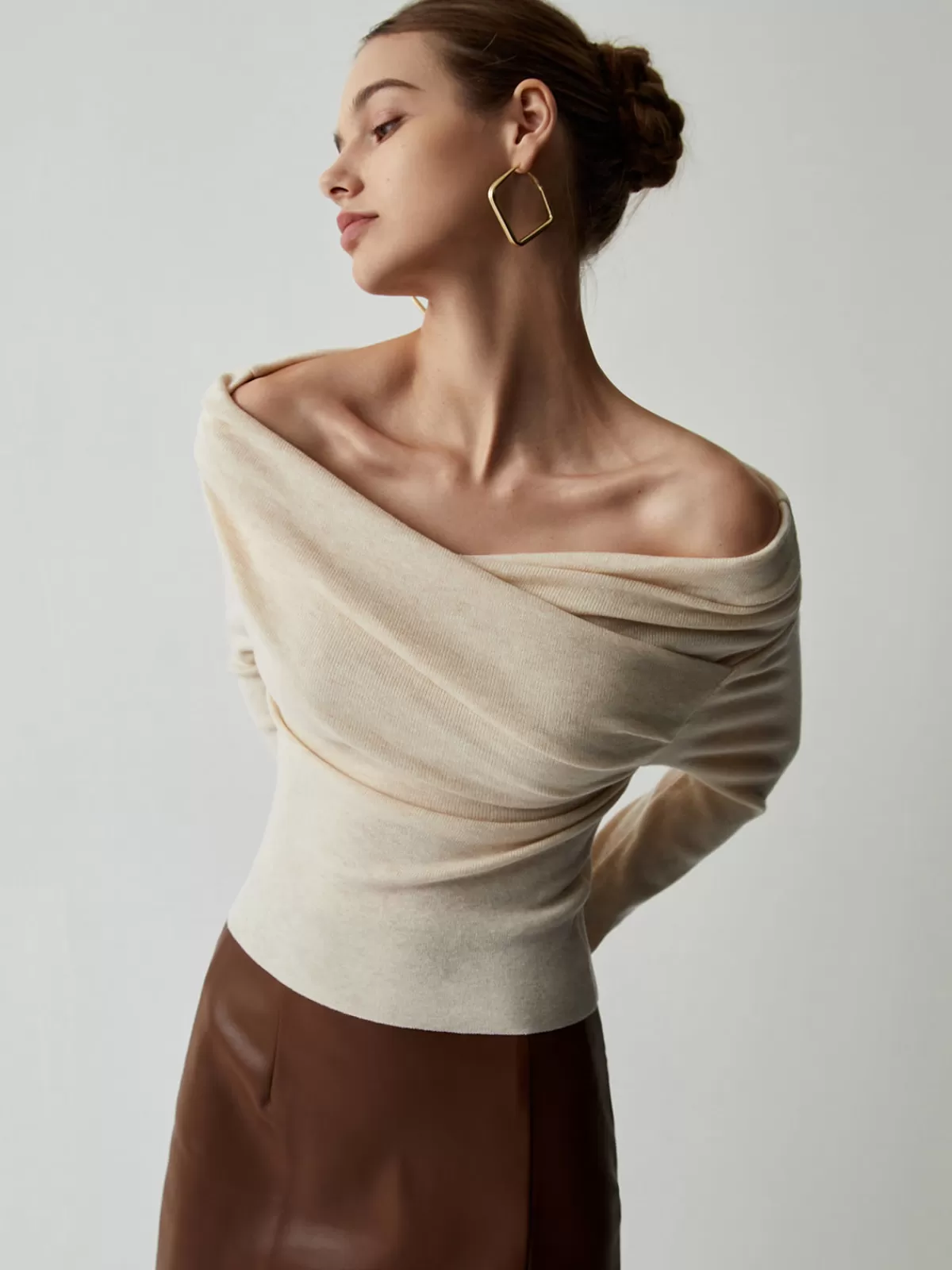 COMMENSE Off Shoulder Wrap Long Sleeve Knit Top Apricot Clearance