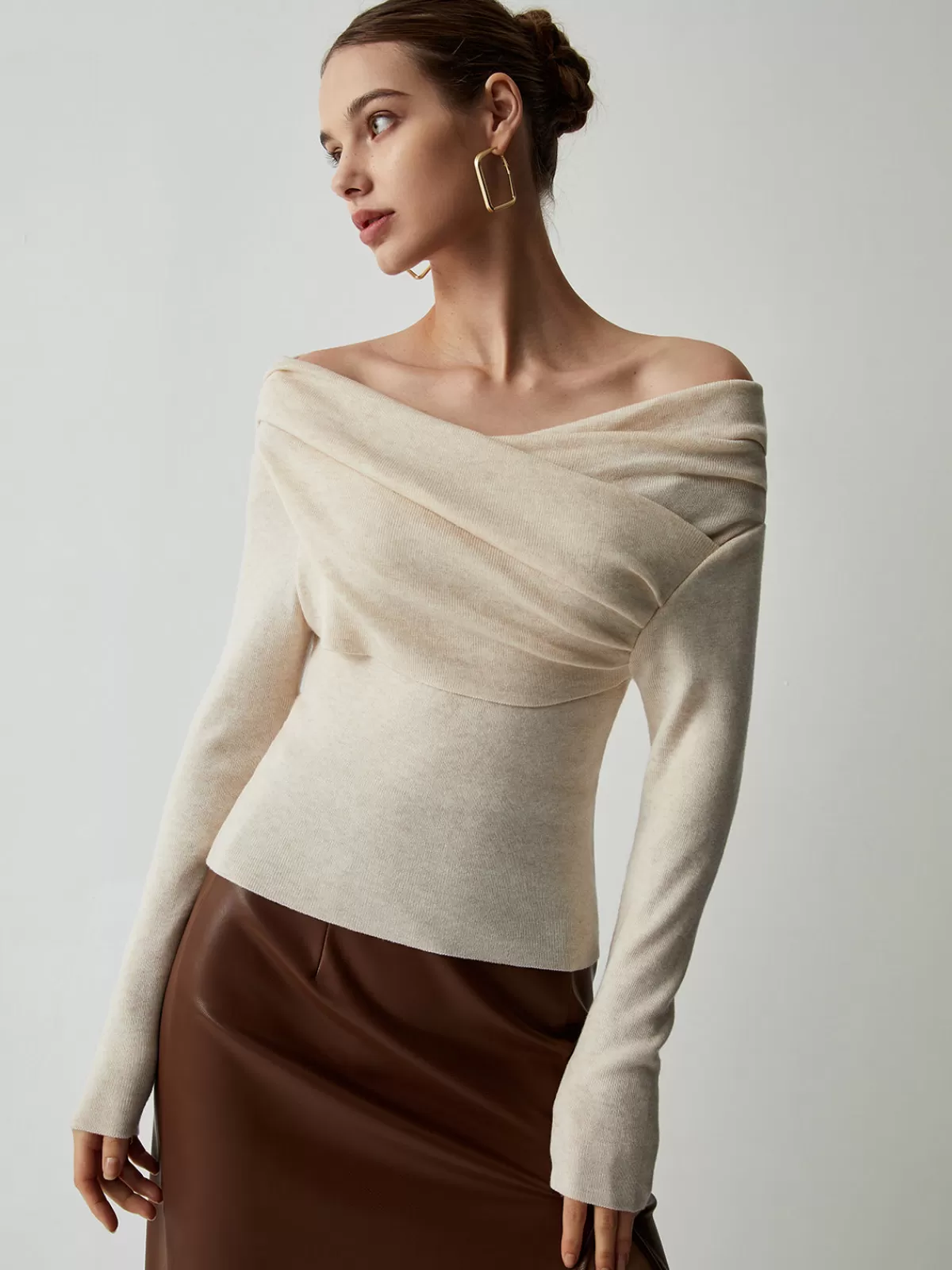 COMMENSE Off Shoulder Wrap Long Sleeve Knit Top Apricot Best Sale