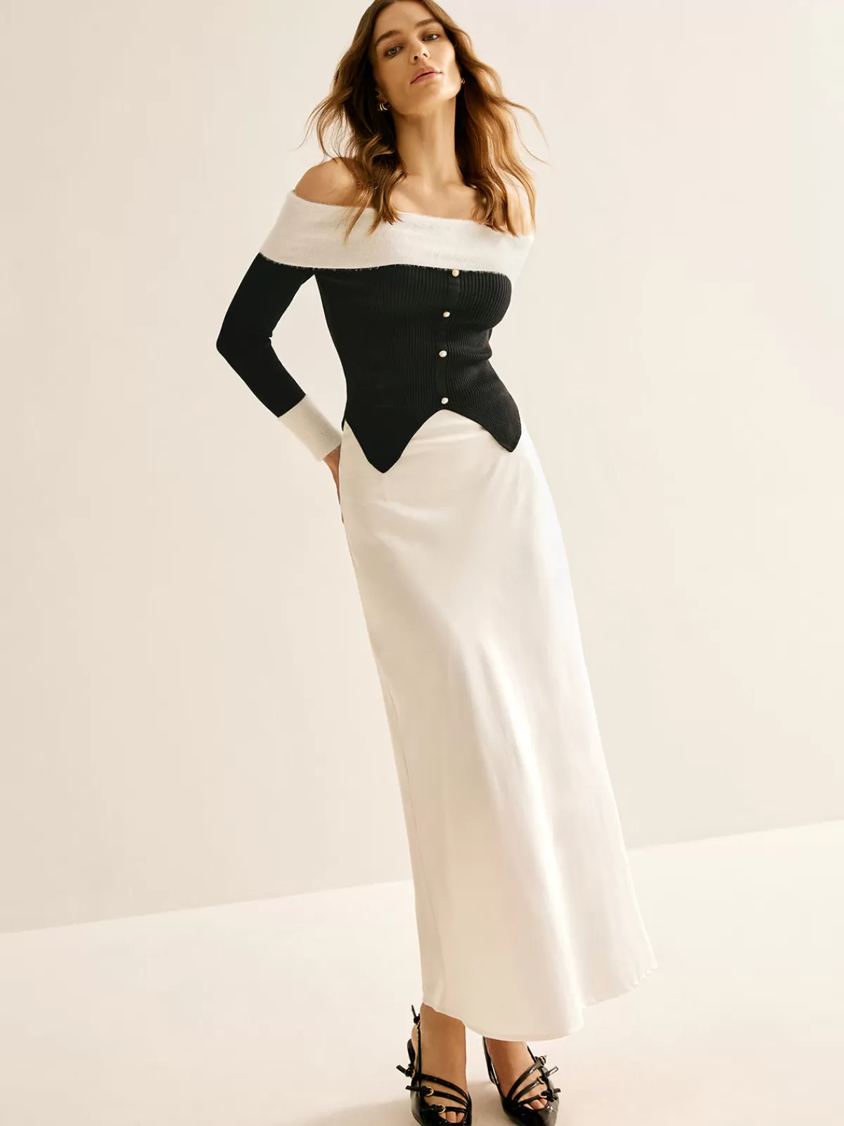 COMMENSE Off-Shoulder Color Block Knit Top Black Fashion