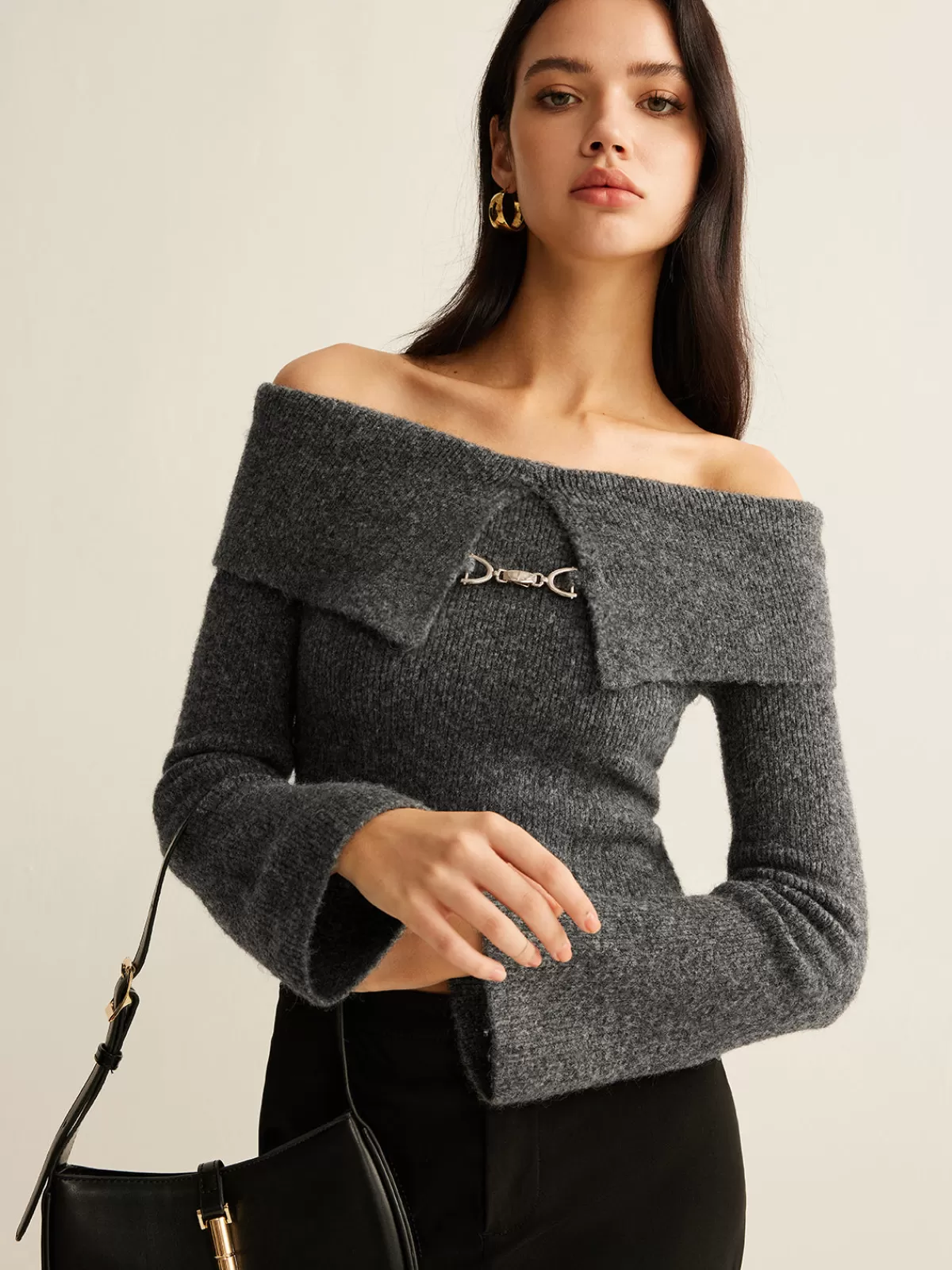 COMMENSE Off-Shoulder Crop Knit Top Grey Online