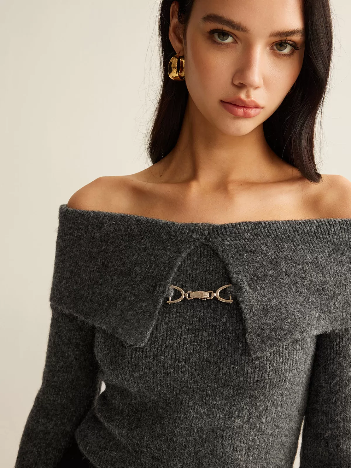 COMMENSE Off-Shoulder Crop Knit Top Grey Online