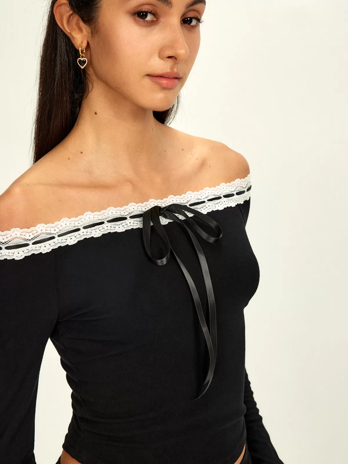 COMMENSE Off-Shoulder Lace Trim Blouse Black New