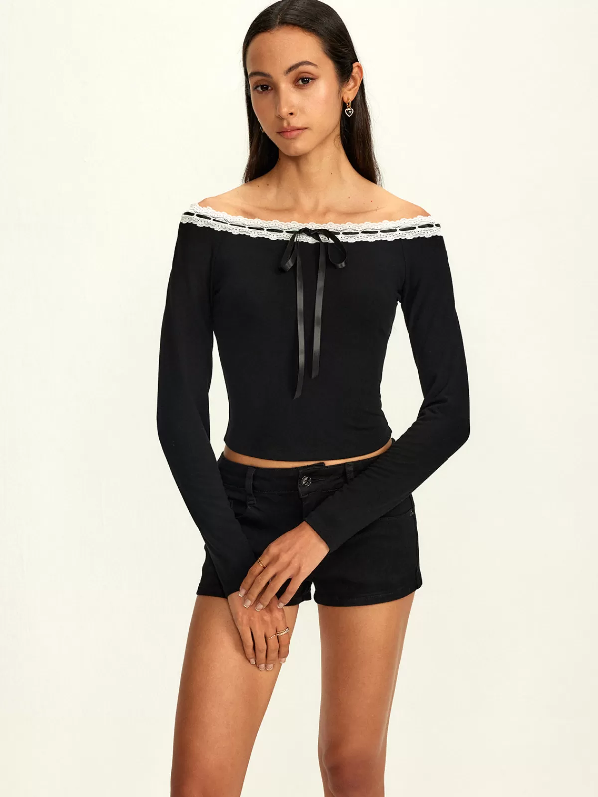 COMMENSE Off-Shoulder Lace Trim Blouse Black New