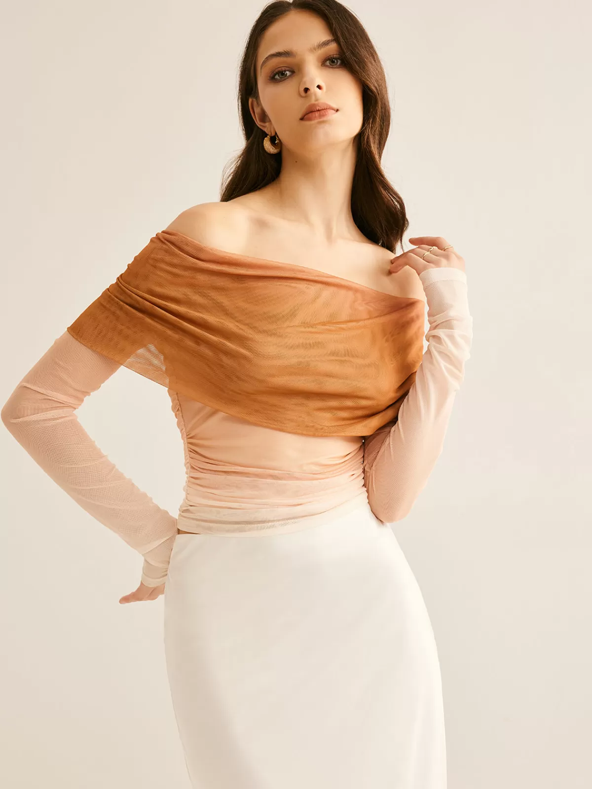 COMMENSE Off-Shoulder Mesh Gradient Blouse Apricot Best