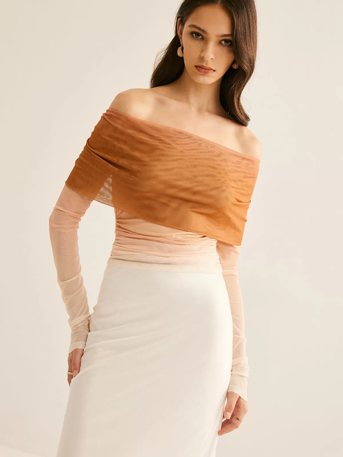 COMMENSE Off-Shoulder Mesh Gradient Blouse Apricot Best