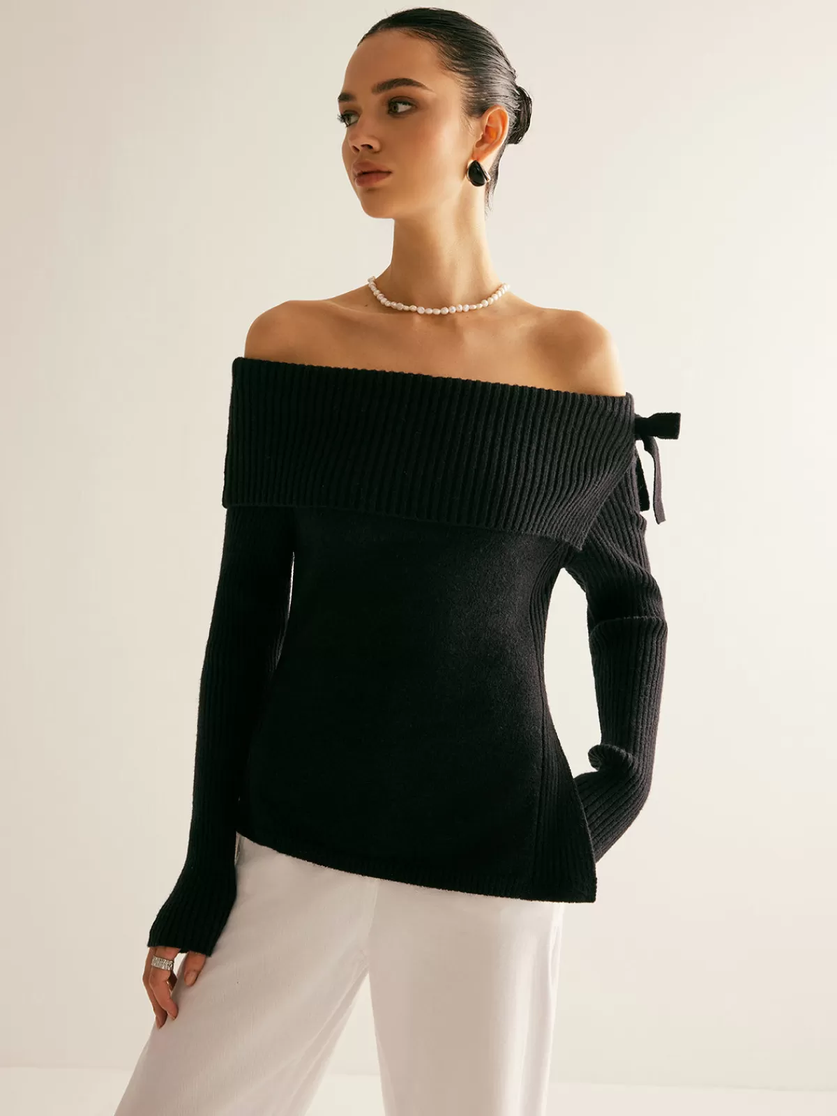 COMMENSE Off-Shoulder Ribbed Bow Slit Sweater Black Store