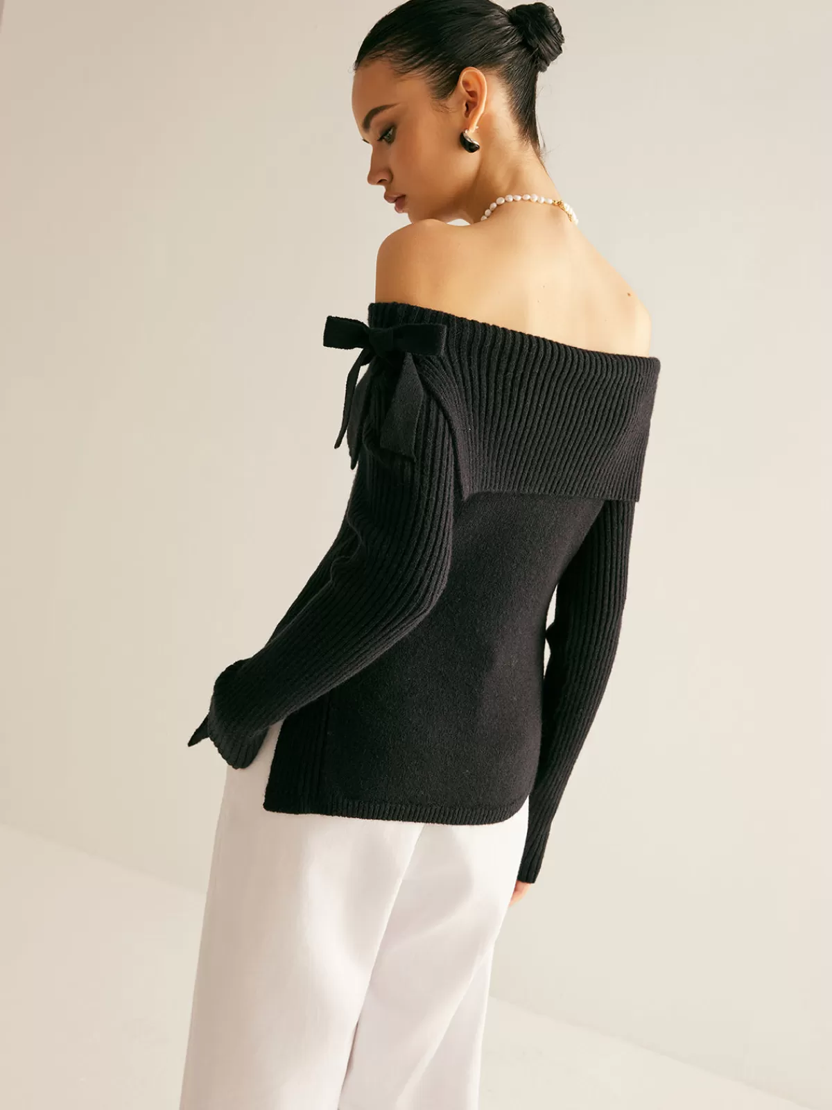COMMENSE Off-Shoulder Ribbed Bow Slit Sweater Black Store